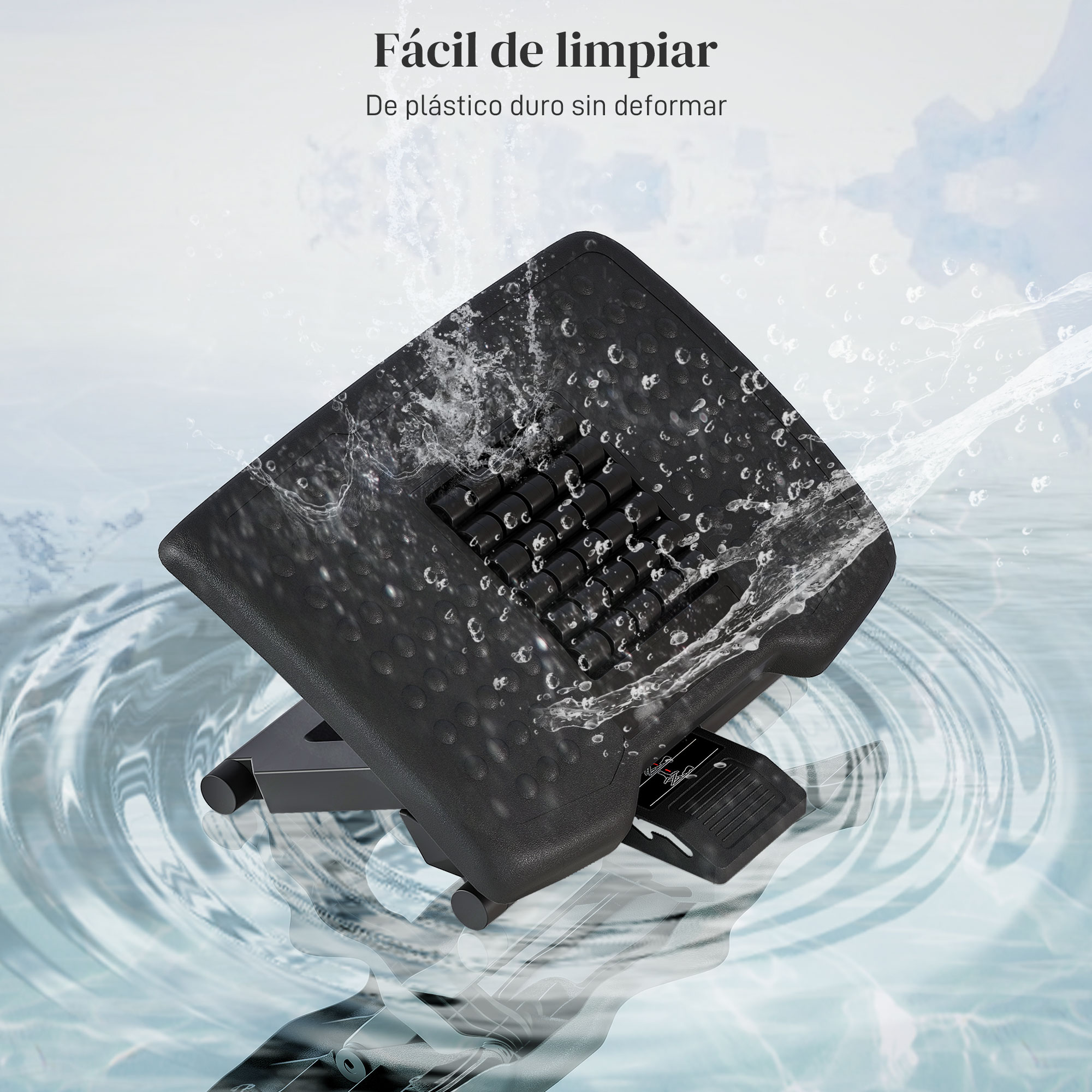 Reposapiés negro que se limpia con agua. Texto: Fácil de limpiar. Hecho de plástico duro.