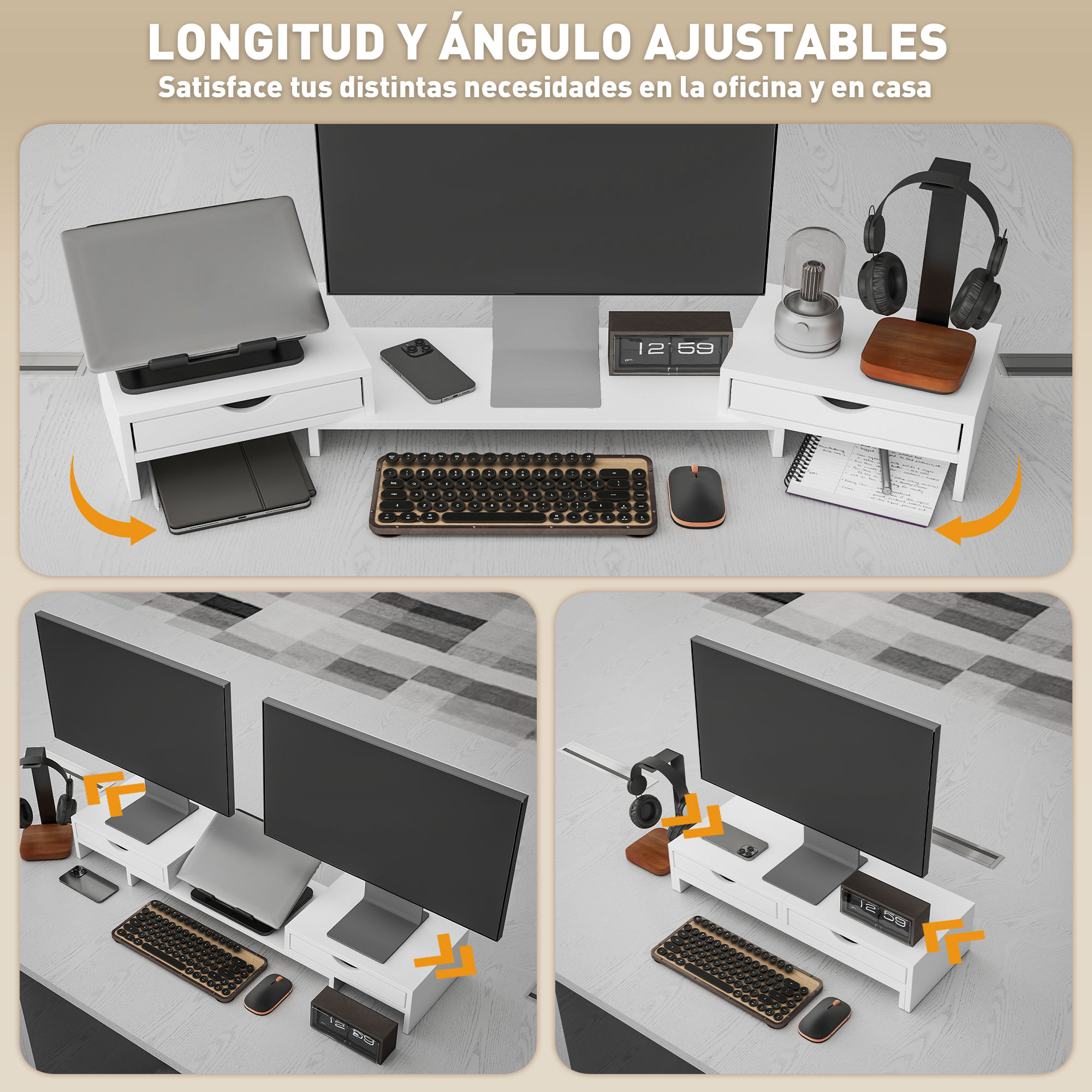 Configuración de escritorio con soportes de monitor ajustables, mostrando diferentes ángulos.