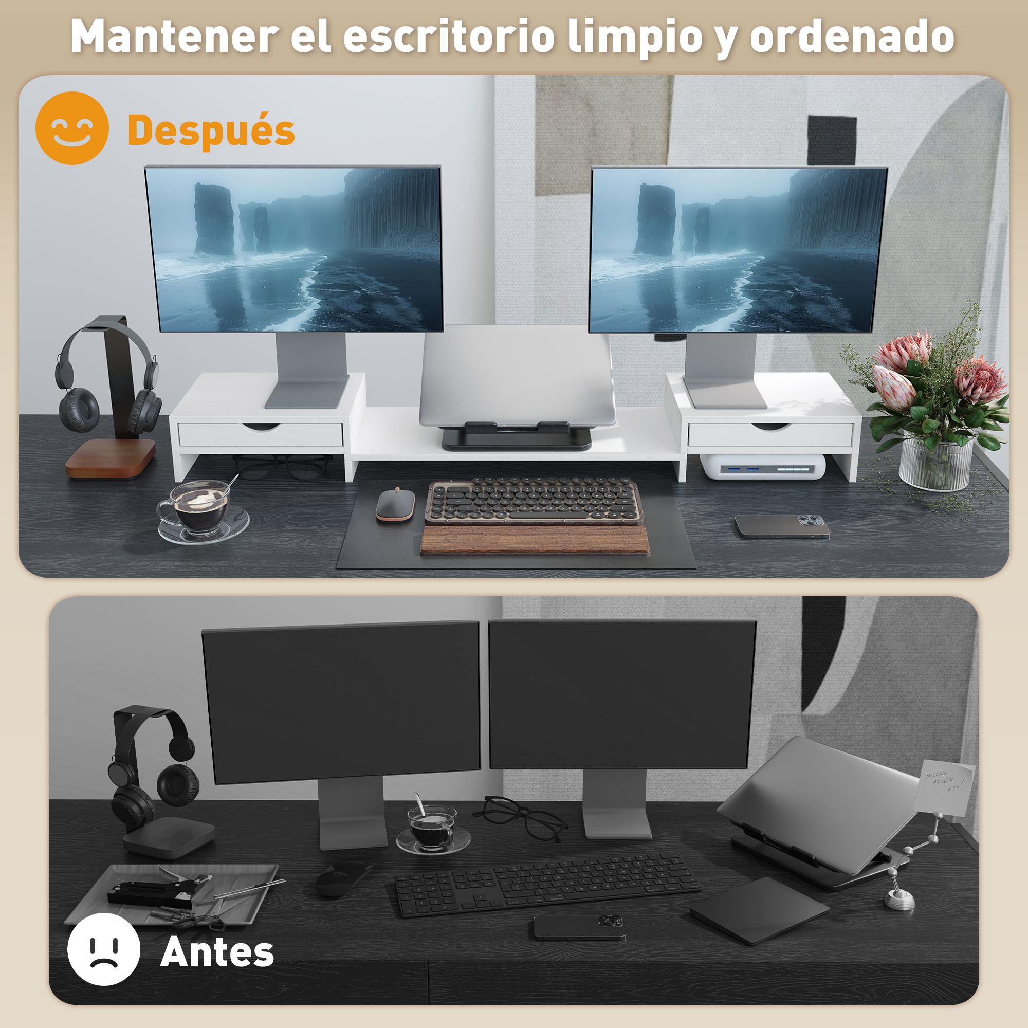 Escritorio antes y después de la organización, con monitor, teclado y accesorios.