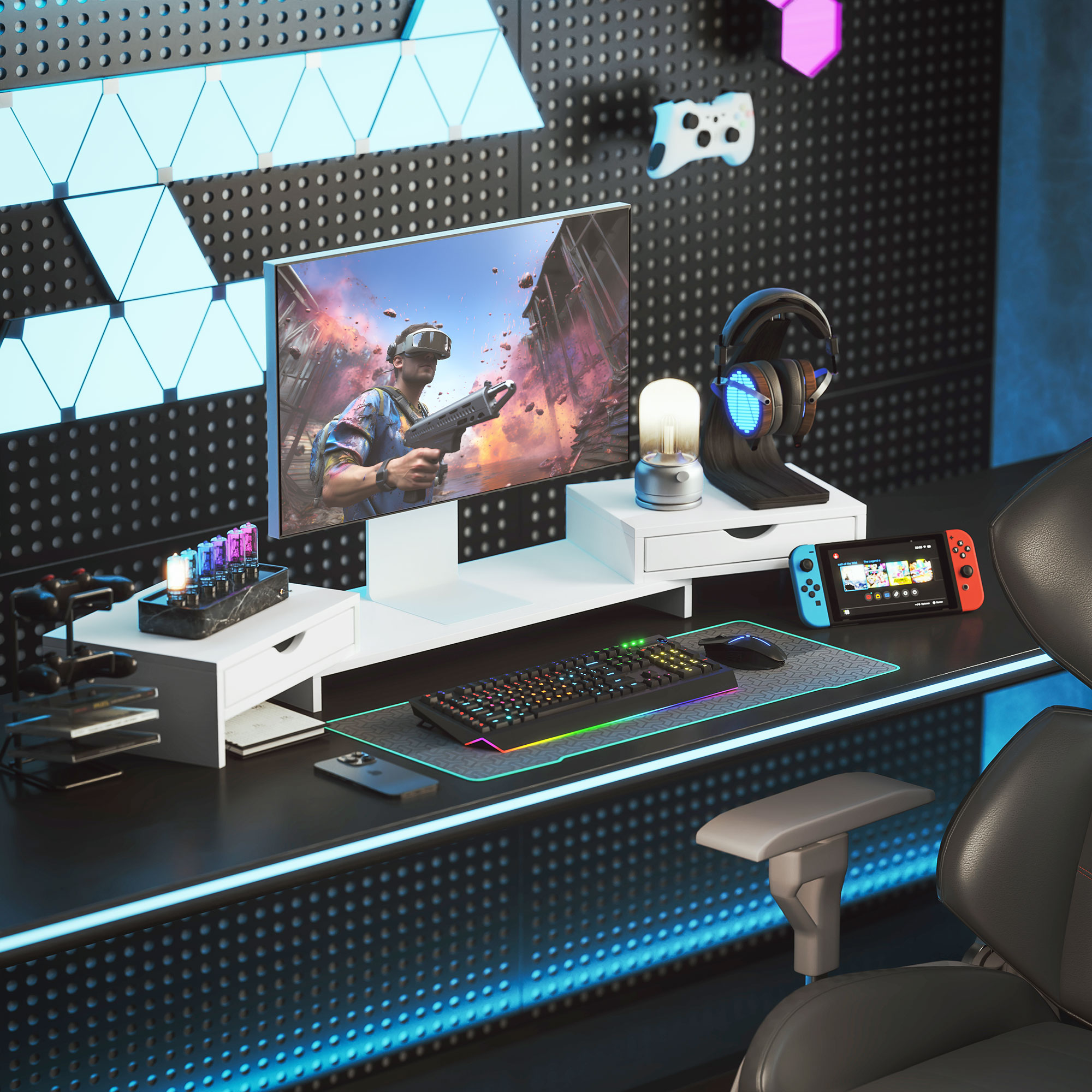 Configuración de escritorio gaming: monitor, teclado, auriculares, consola y silla. Luz azul.
