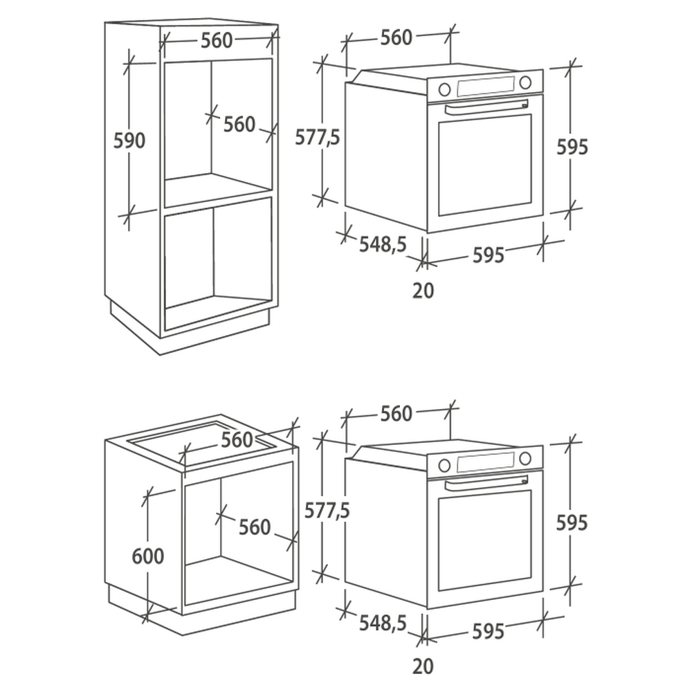 Disegni lineari delle dimensioni di mobile da cucina e forno.