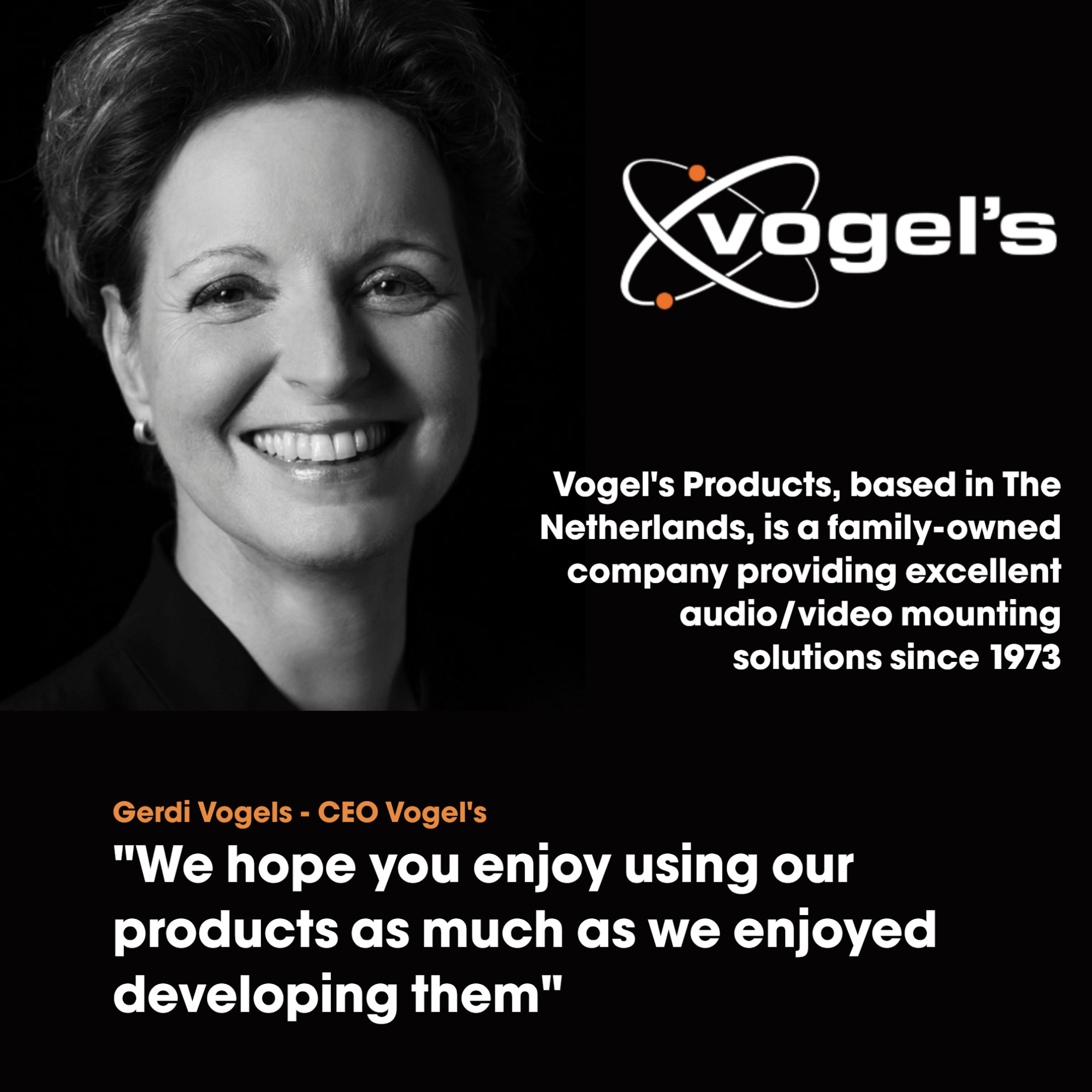 Uśmiechnięta kobieta, logo Vogel's, tekst o rodzinnej firmie Vogel's w Holandii. Cytaty od CEO Gerdi Vogels.