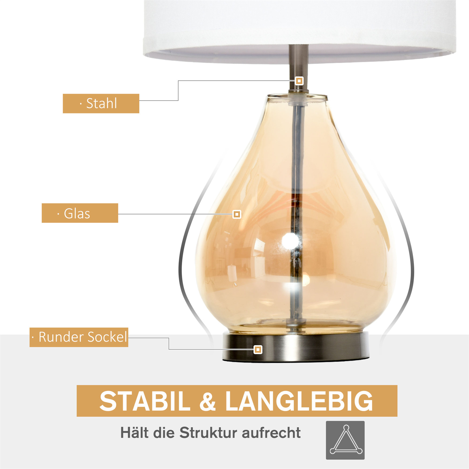 Tischlampe mit Glas- und Metallteilen.