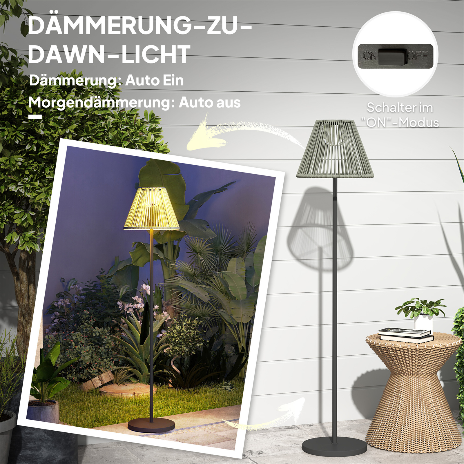 Außenlampe im Garten, mit Text und Pflanzen.