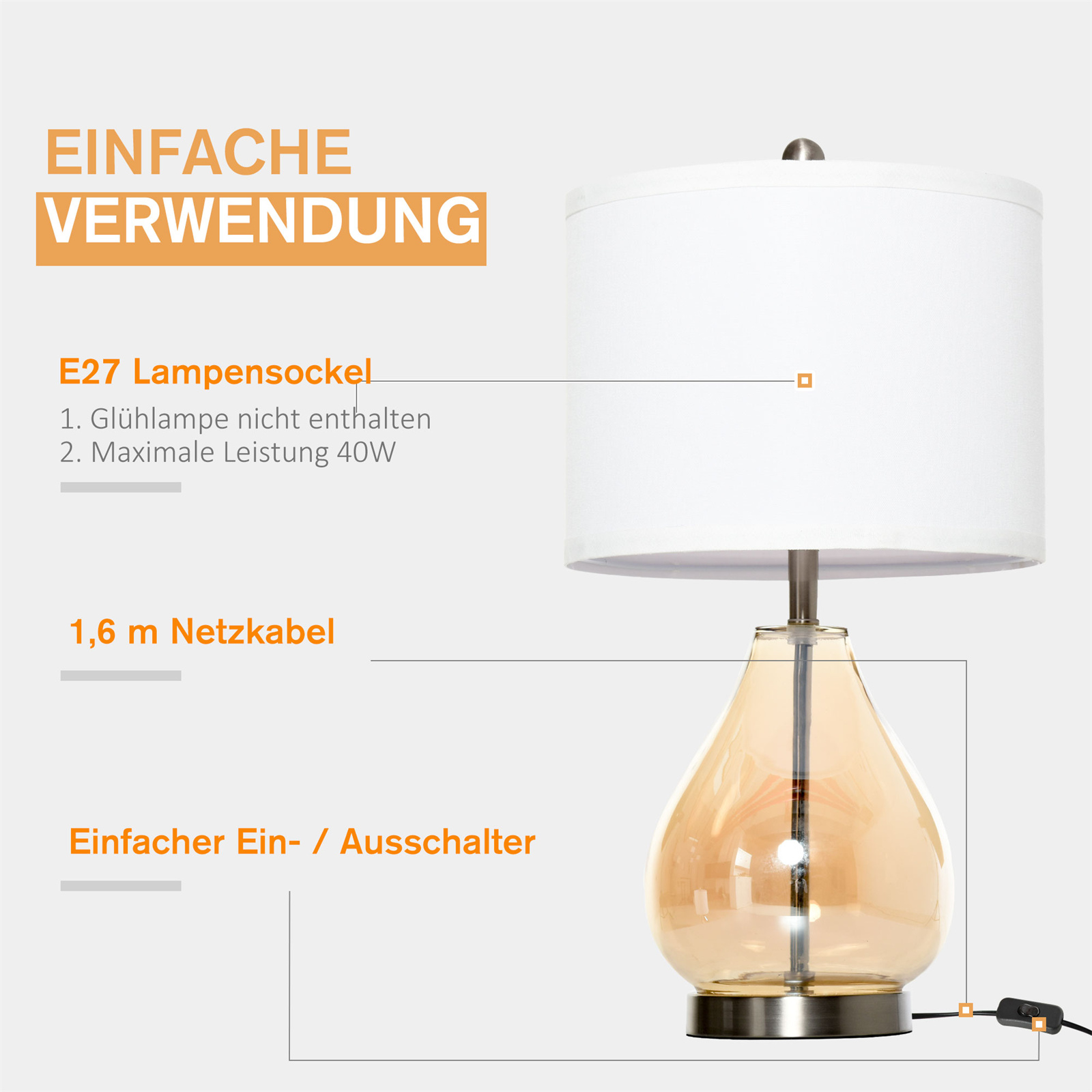 Eine Tischlampe mit weißem Lampenschirm und tropfenförmigem, bernsteinfarbenem Glasfuß. Textetiketten sind sichtbar.