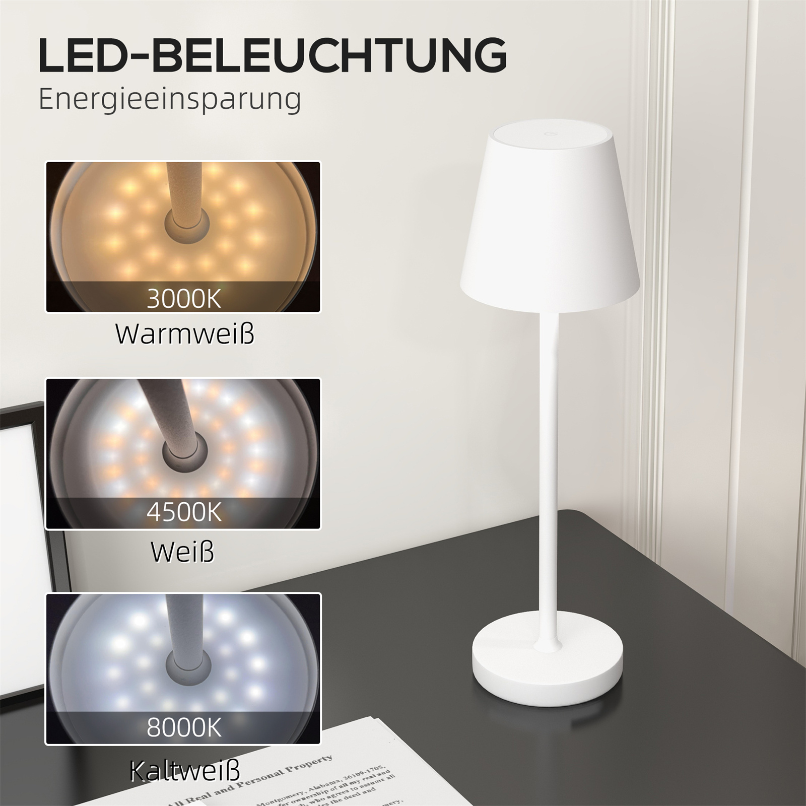 Weiße Lampe mit drei verschiedenen Lichtoptionen.