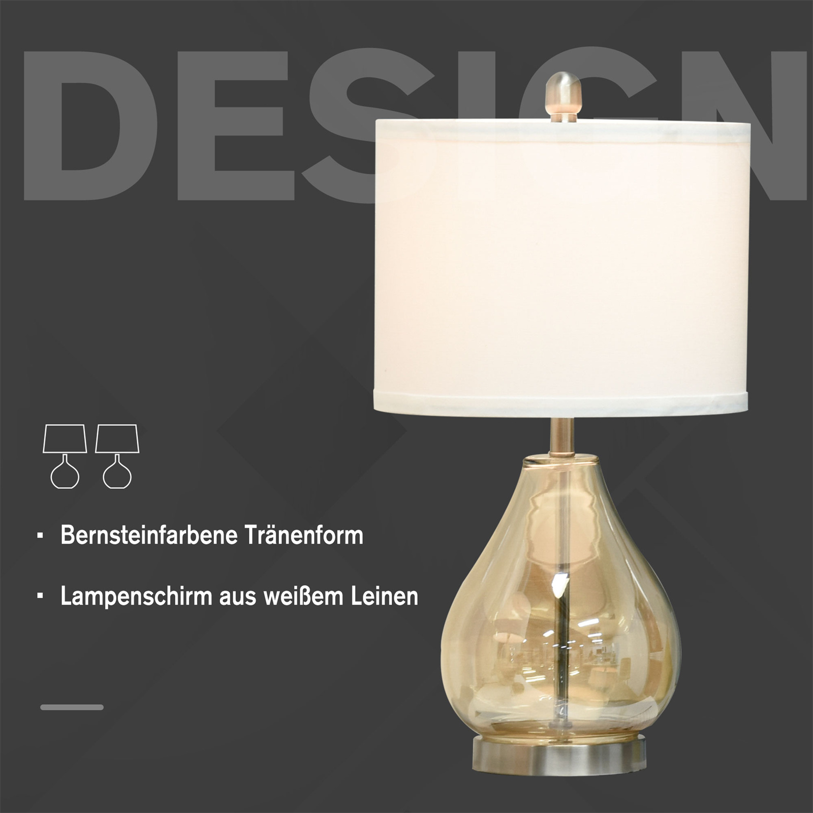 Tischlampen mit bernsteinfarbenem Tropfensockel und weißem Leinenschirm, dunkel.