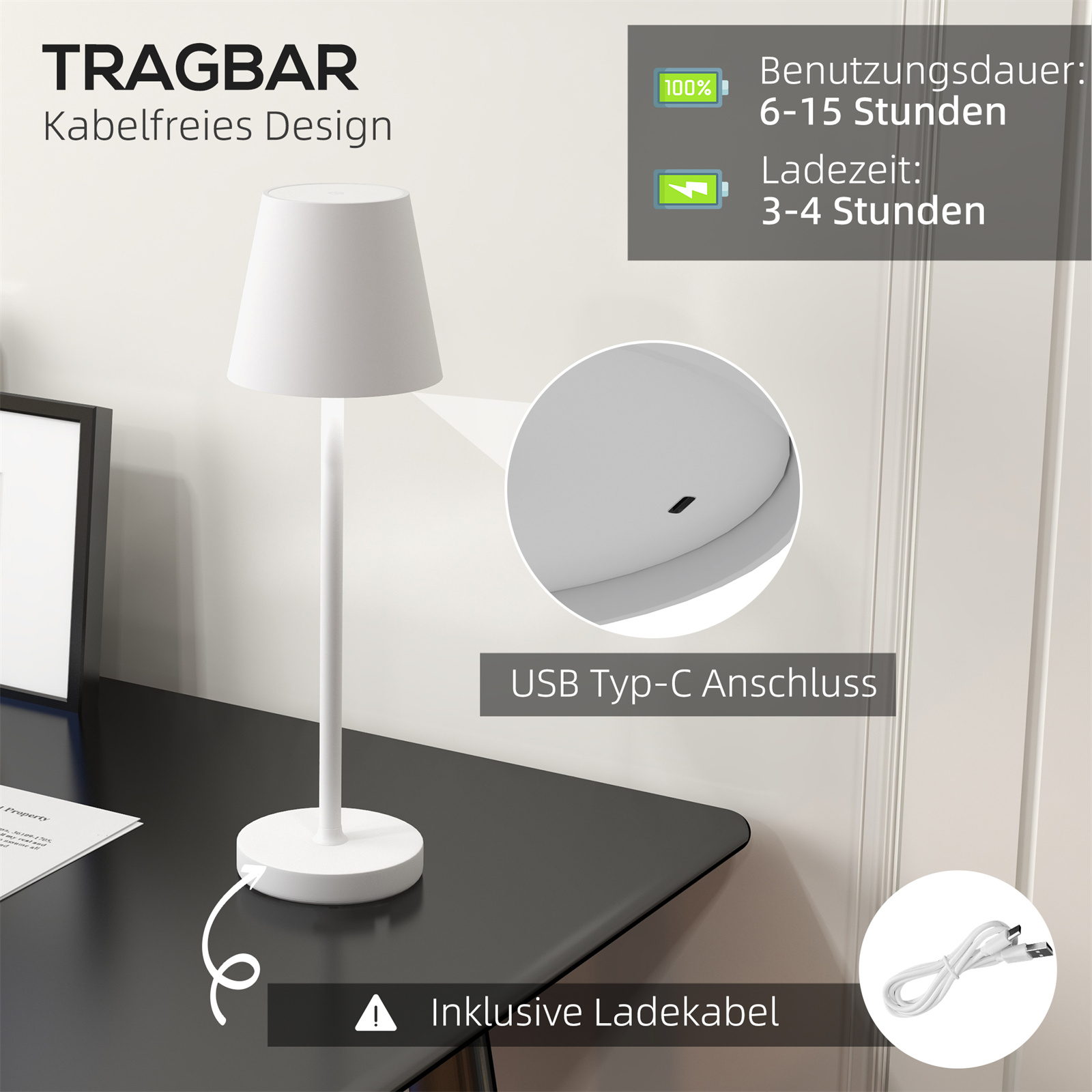 Weiße kabellose Lampe auf schwarzem Tisch mit USB-Kabel, Hintergrund weiß.