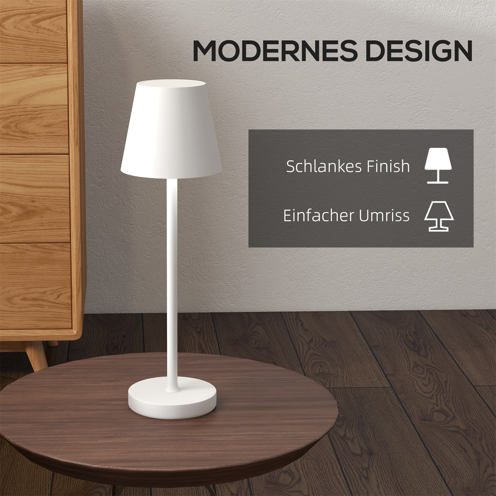 Weiße Lampe auf Holztisch, modernes Design mit einfachem Umriss, dunkles Holz.