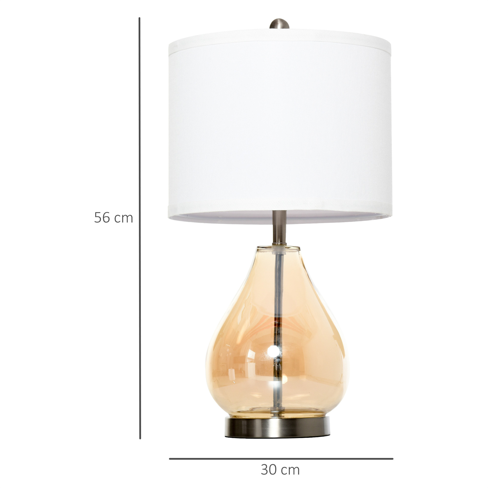 Tischlampe mit bernsteinfarbenem Glasfuß, weißem Schirm, 56cm Höhe.