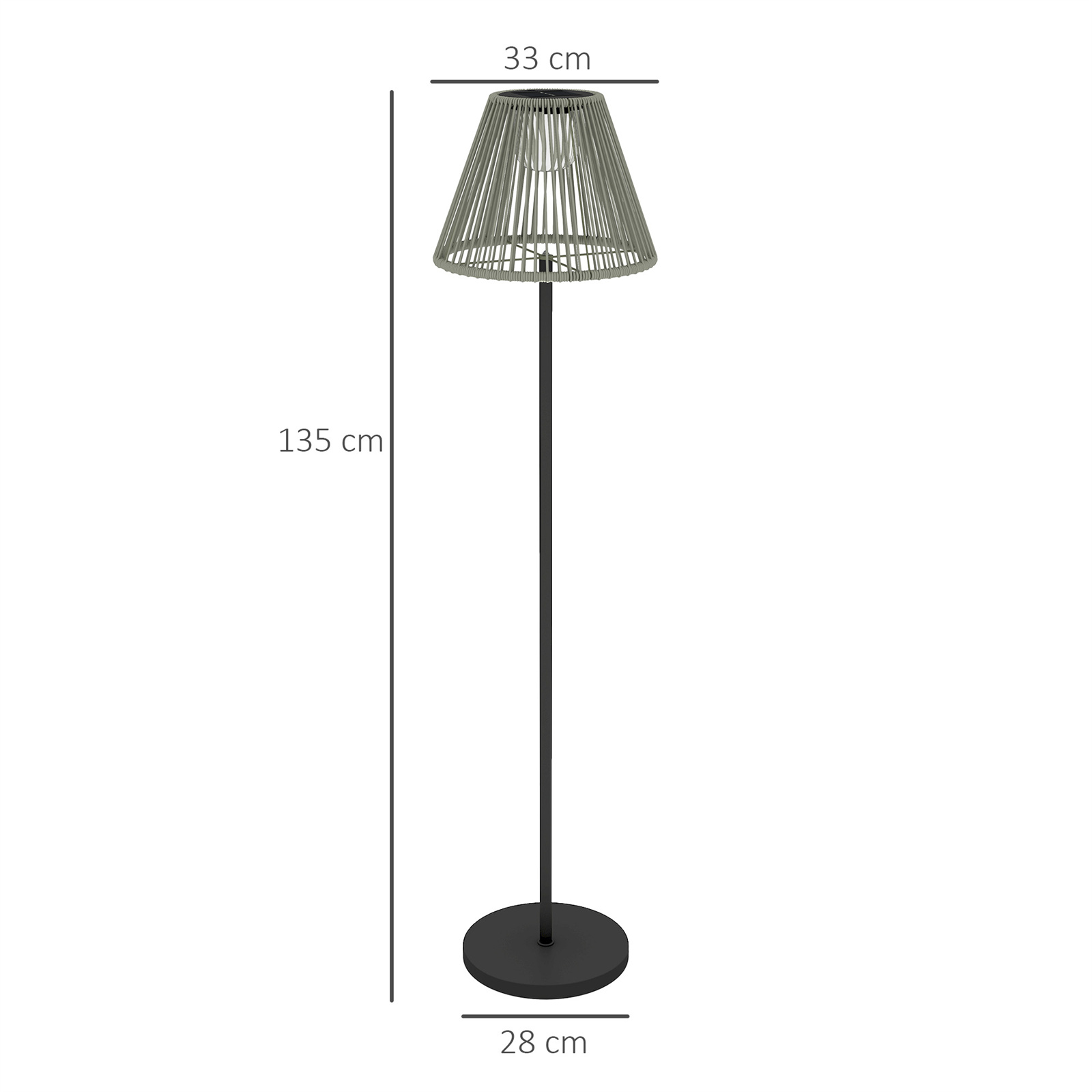 Hohe Stehlampe mit grauem, gewebtem Schirm, schwarzem Fuß, 135 cm Höhe.