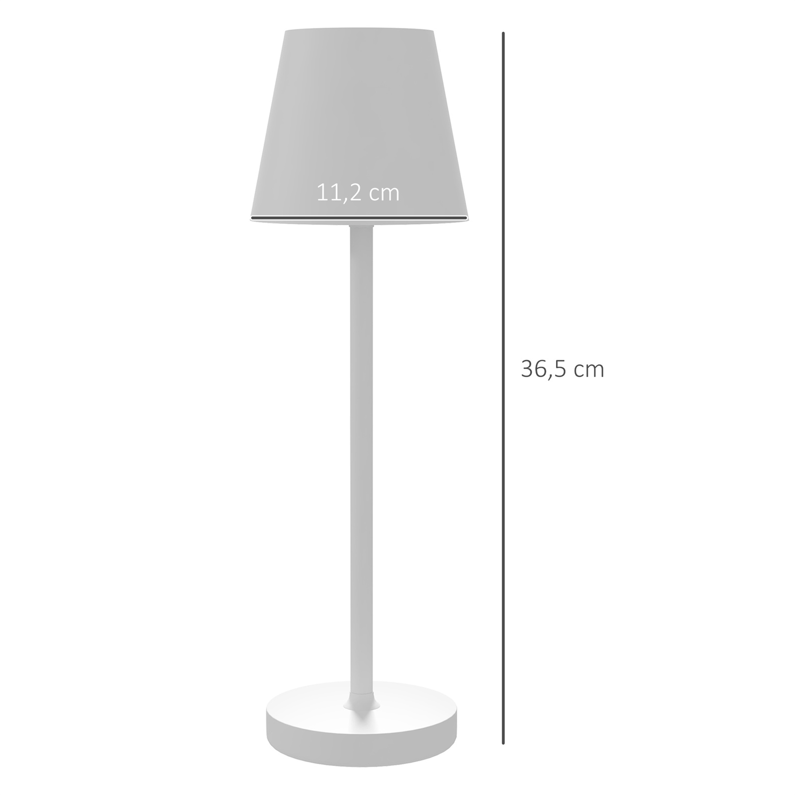 Weiße Tischlampe mit konischem Schirm. Abmessungen sind beschriftet.
