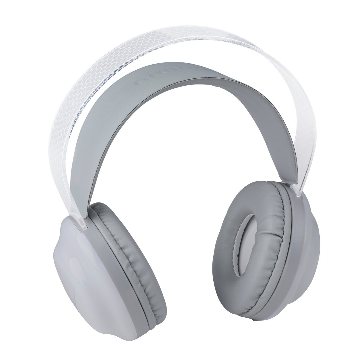 Casque gris avec oreillettes gris clair et arceau blanc, isolé sur fond blanc.