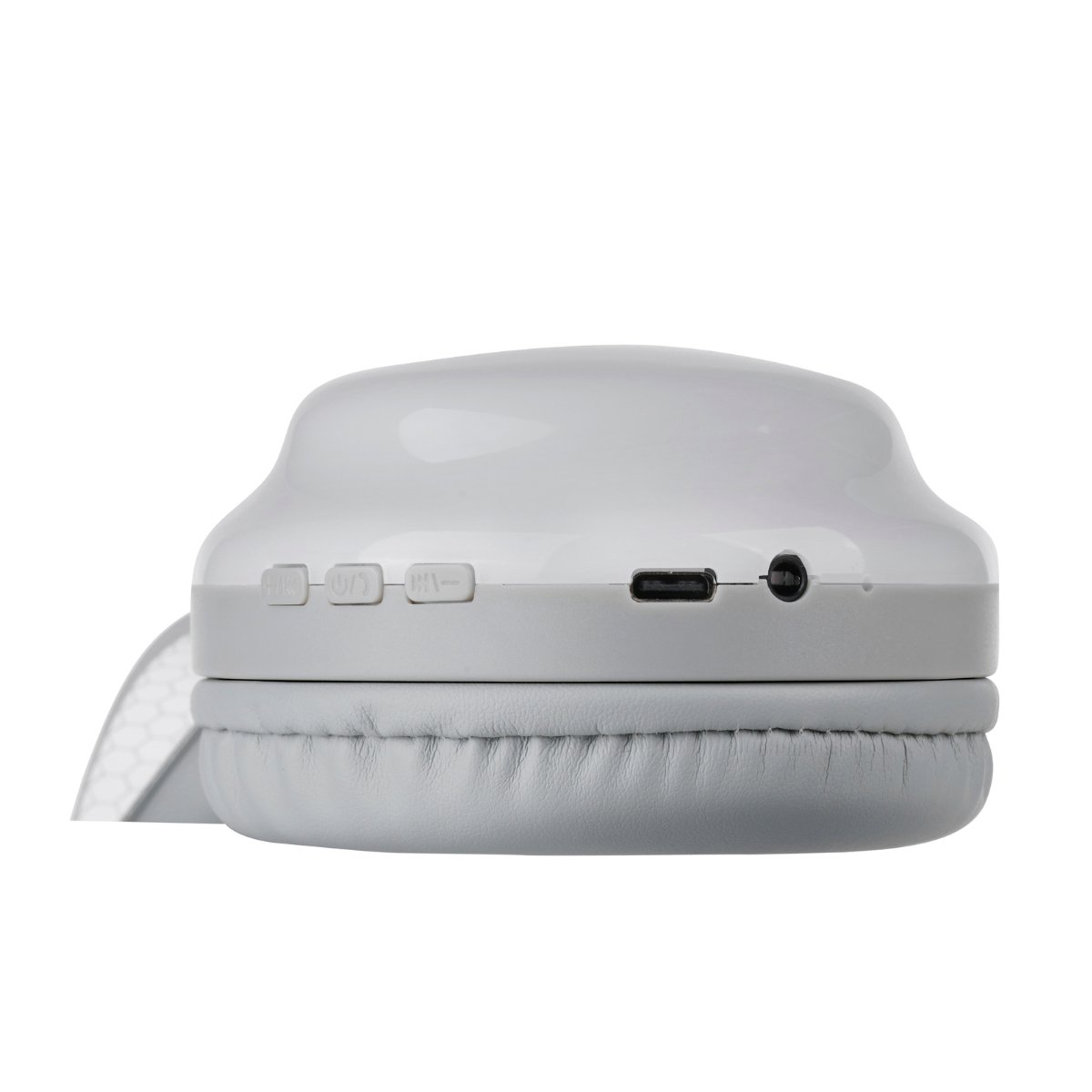 Casque gris, boutons et port de charge visibles. Fond blanc.