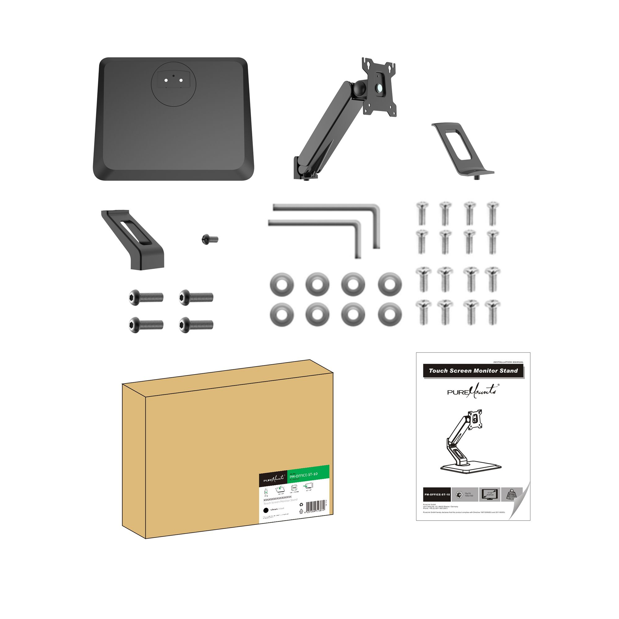 Composants du support d'écran tactile, incluant support, vis, base et boîte.