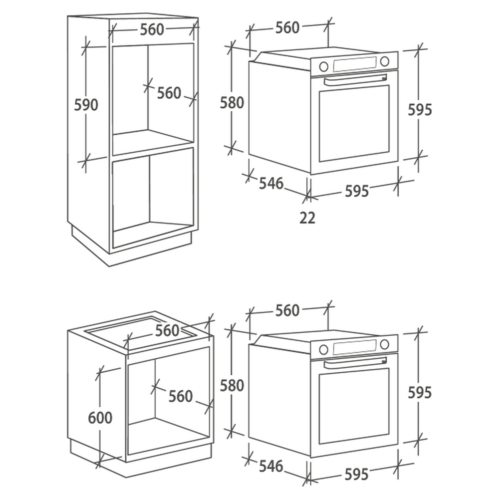 Diagramma con dimensioni per componenti cucina ad incasso, mostra le misure.