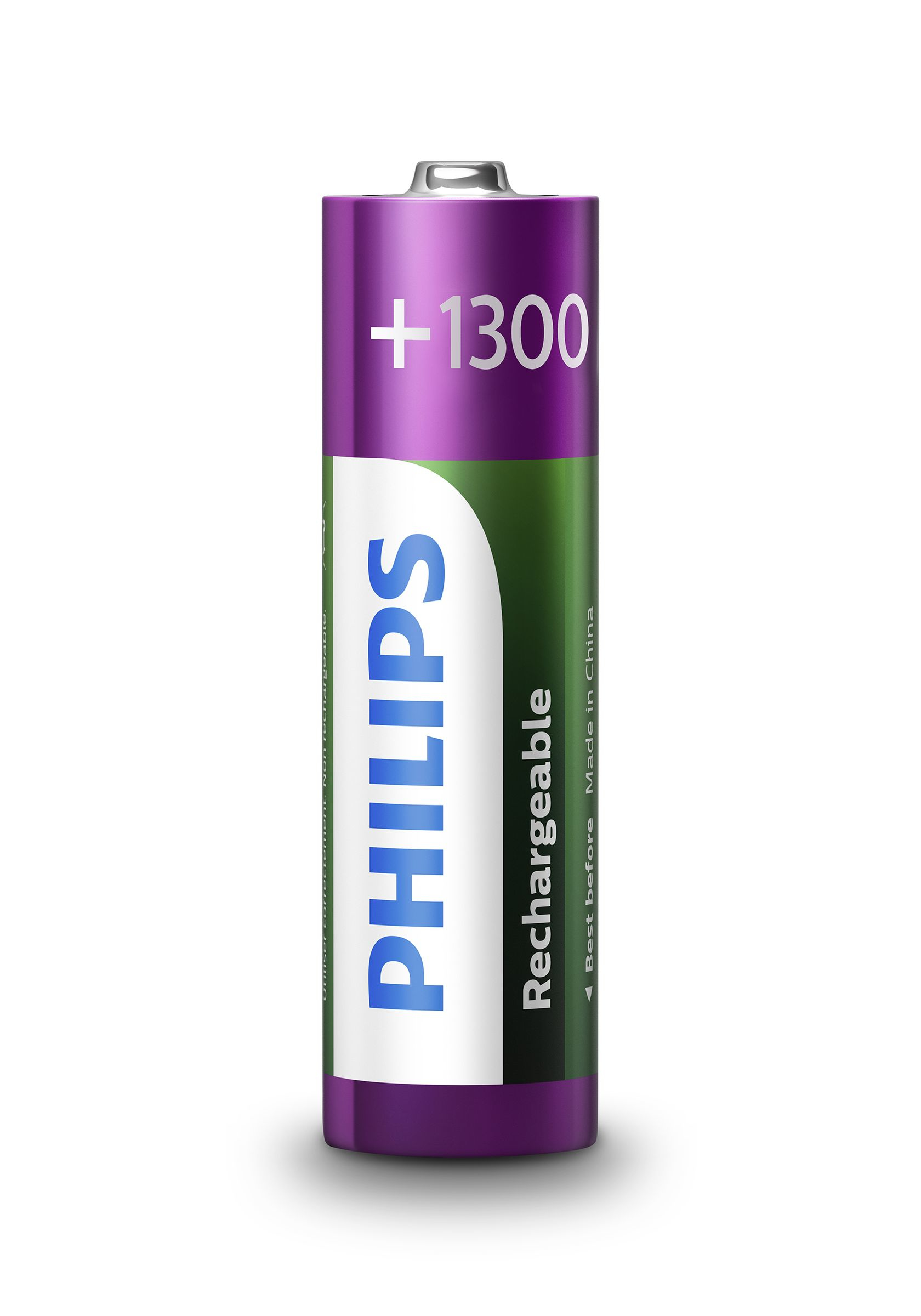 Singola batteria AA ricaricabile Philips con etichetta viola e verde.