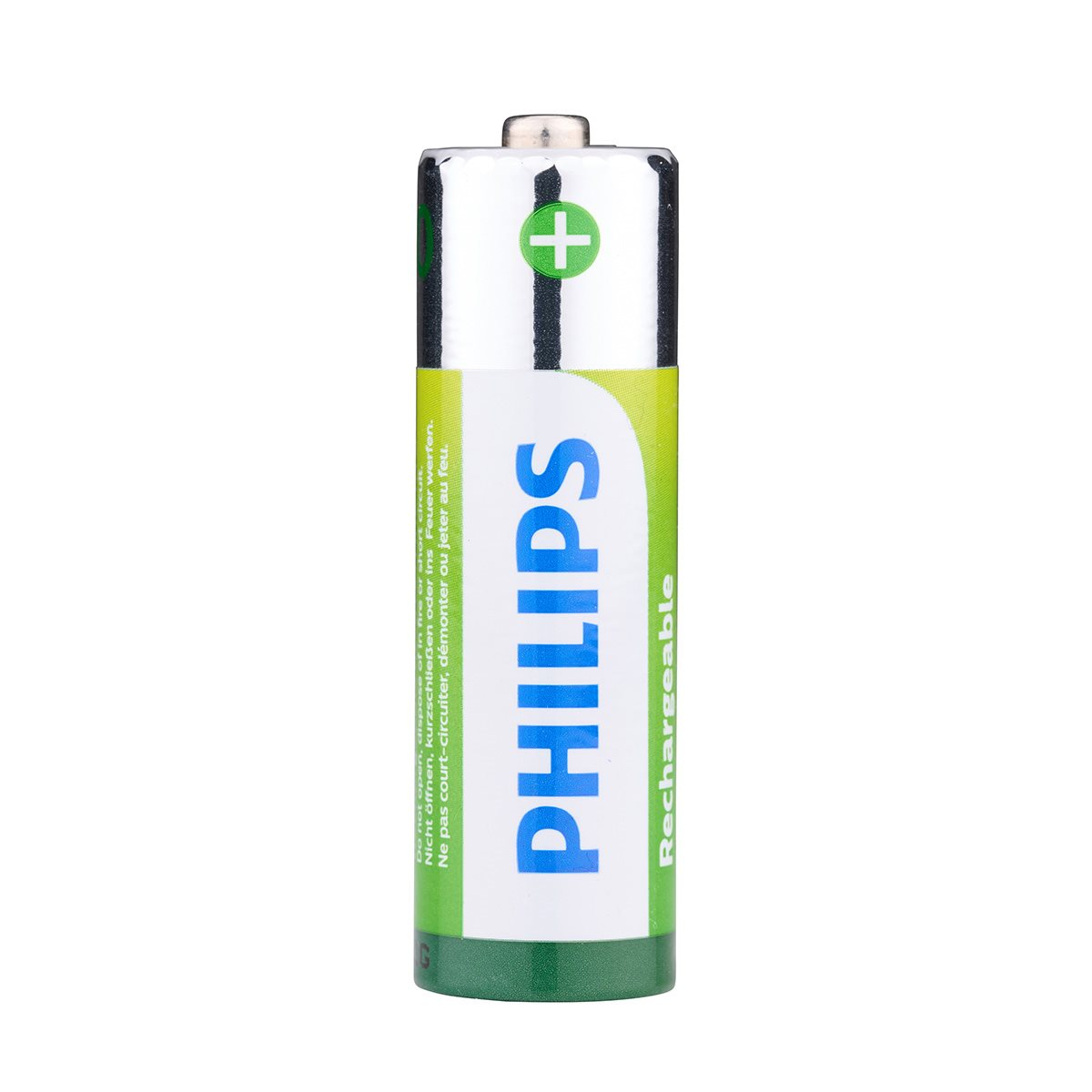 Singola batteria AA ricaricabile Philips con etichetta verde e bianca.