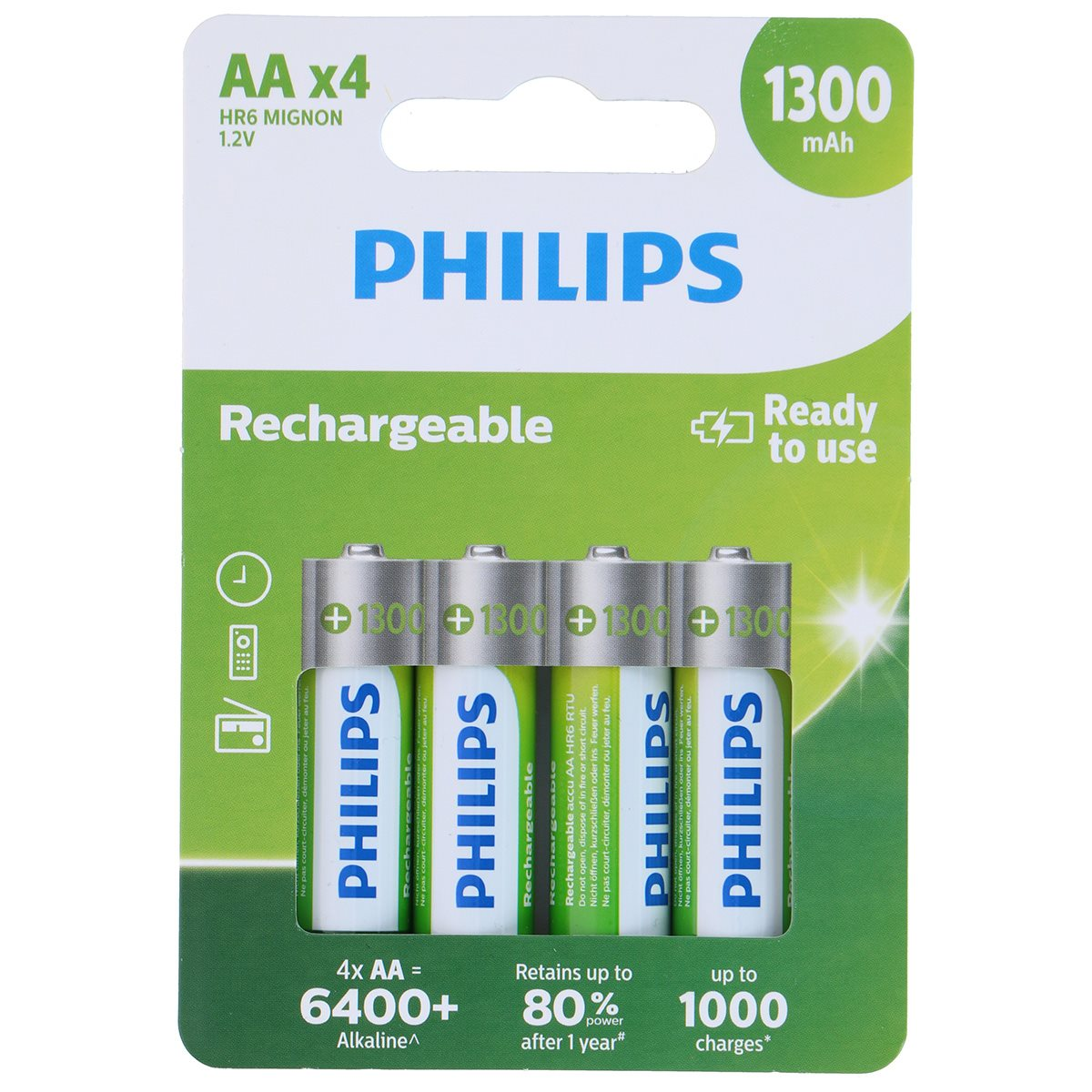 Un pacco di quattro batterie AA ricaricabili Philips, pronte all'uso.