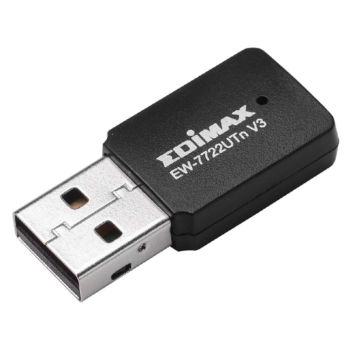 Adattatore USB nero con l'etichetta 'EDIMAX EW-7722UTn V3'. Sfondo bianco.