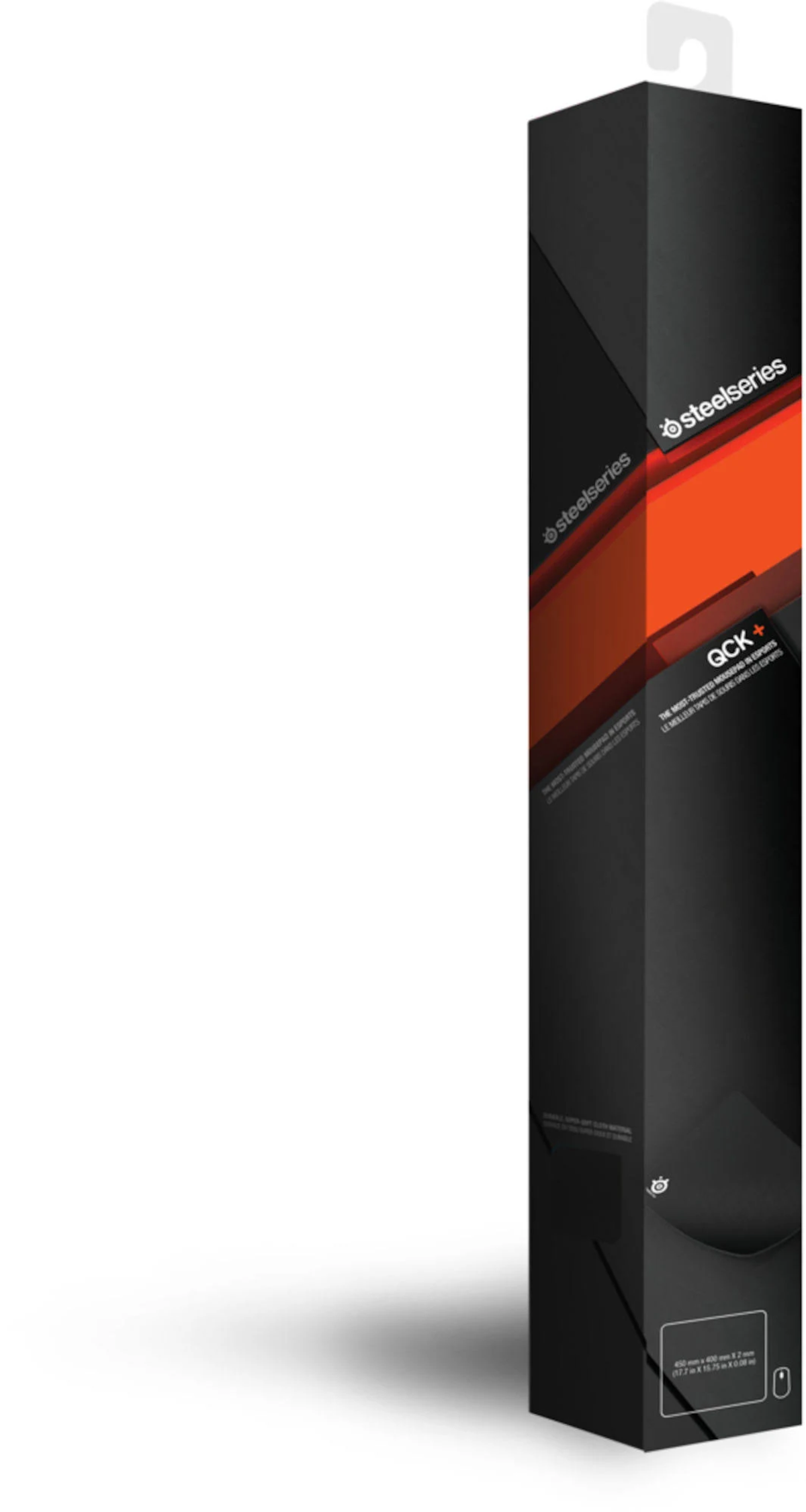 Steelseries QCK+ Mauspaddose. Schwarz mit roten und orangen Akzenten, hoch und schmal.