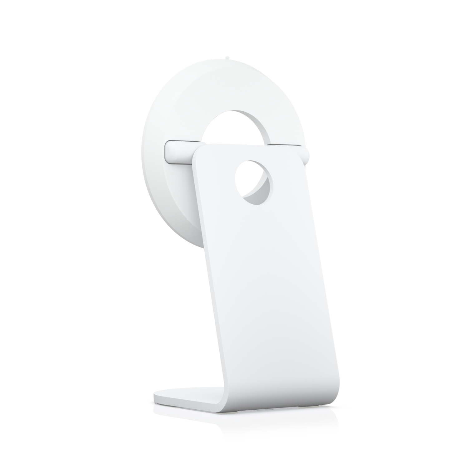 Supporto bianco minimalista con parte superiore circolare e cartello rettangolare, isolato.