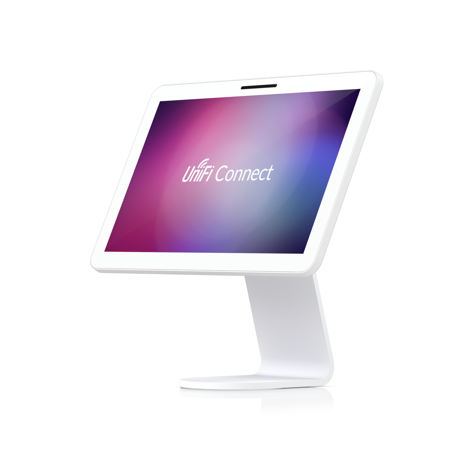 Tablet bianco su supporto con logo "Unifi Connect" sullo schermo, isolato su bianco.