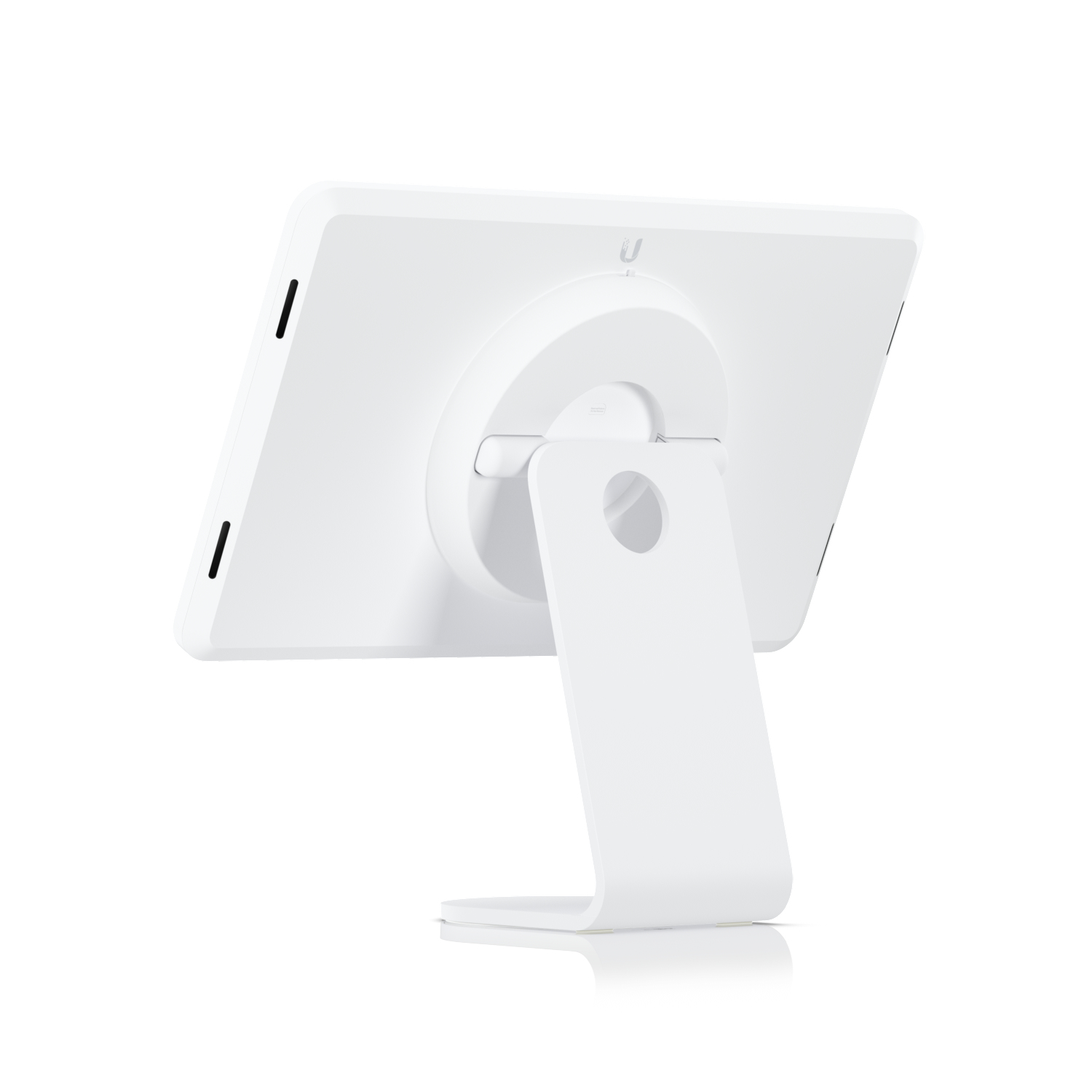 Tablet bianco, vista posteriore, su supporto bianco. Il logo è in alto a destra.