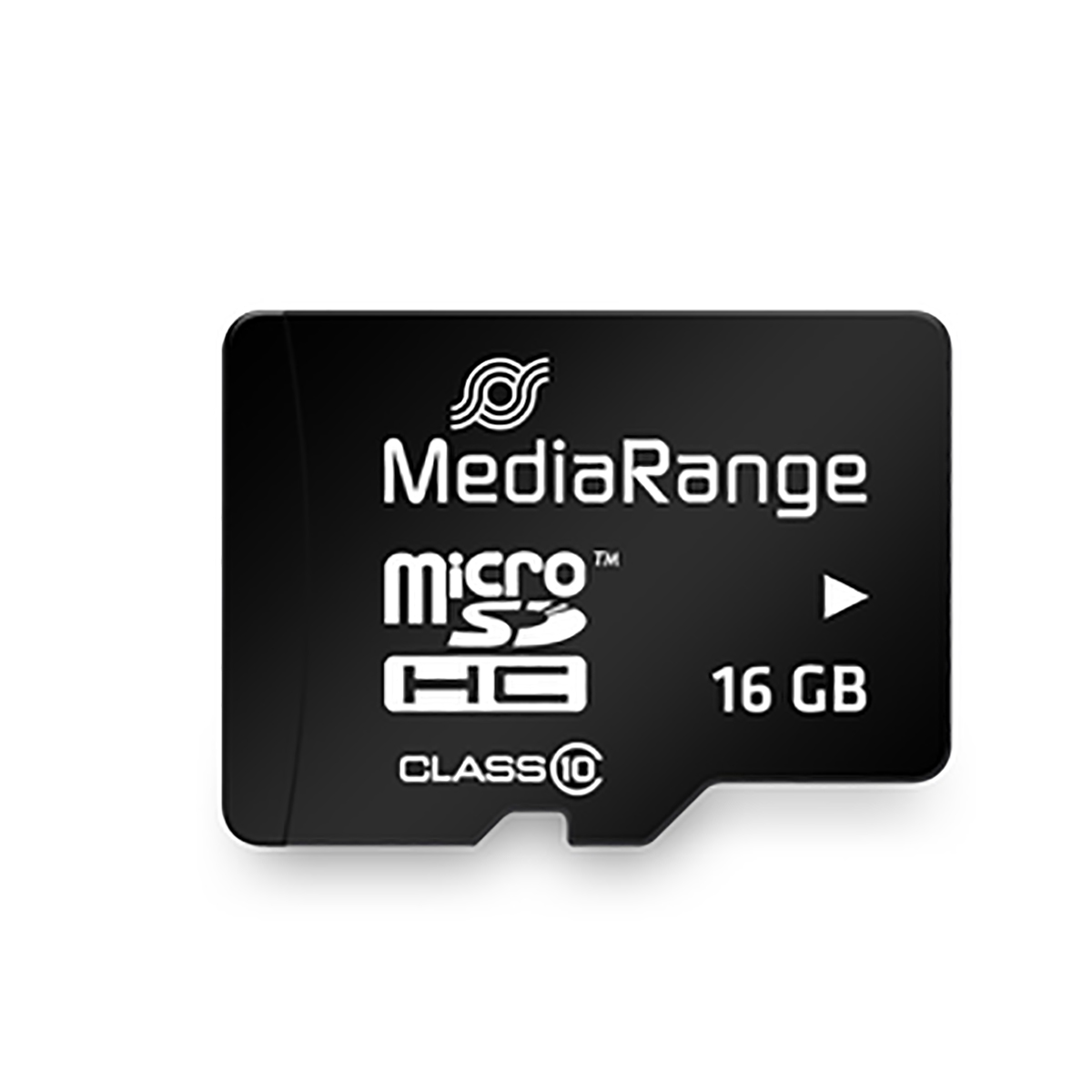 Czarna karta microSD MediaRange z białym tekstem. Zawiera napisy MediaRange, microSDHC i 16 GB.