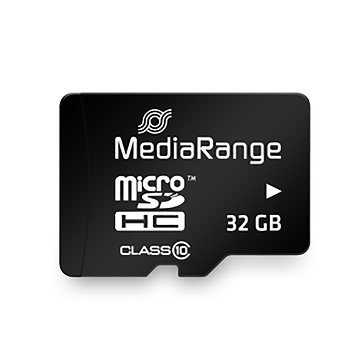 Schwarze MediaRange microSD-Karte mit weißem Text. Sie lautet MediaRange, microSDHC und 32 GB.