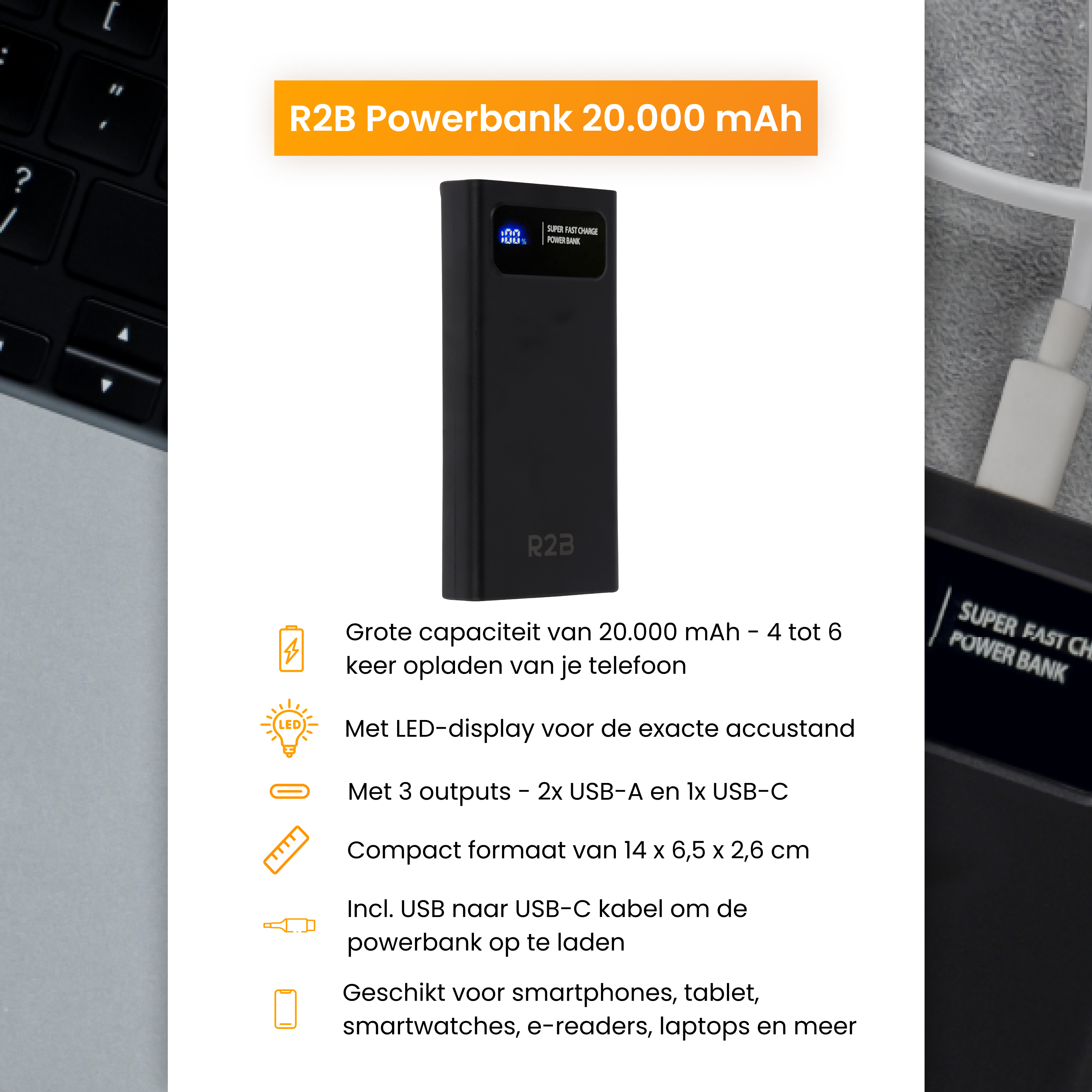 Black power bank with a digital display. Text on it says "R2B Powerbank 20.000 mAh".