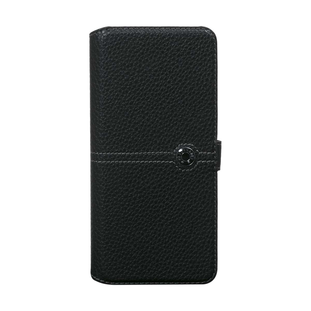 Schwarze Leder-Handyhülle, geschlossen, mit Knopfverschluss.