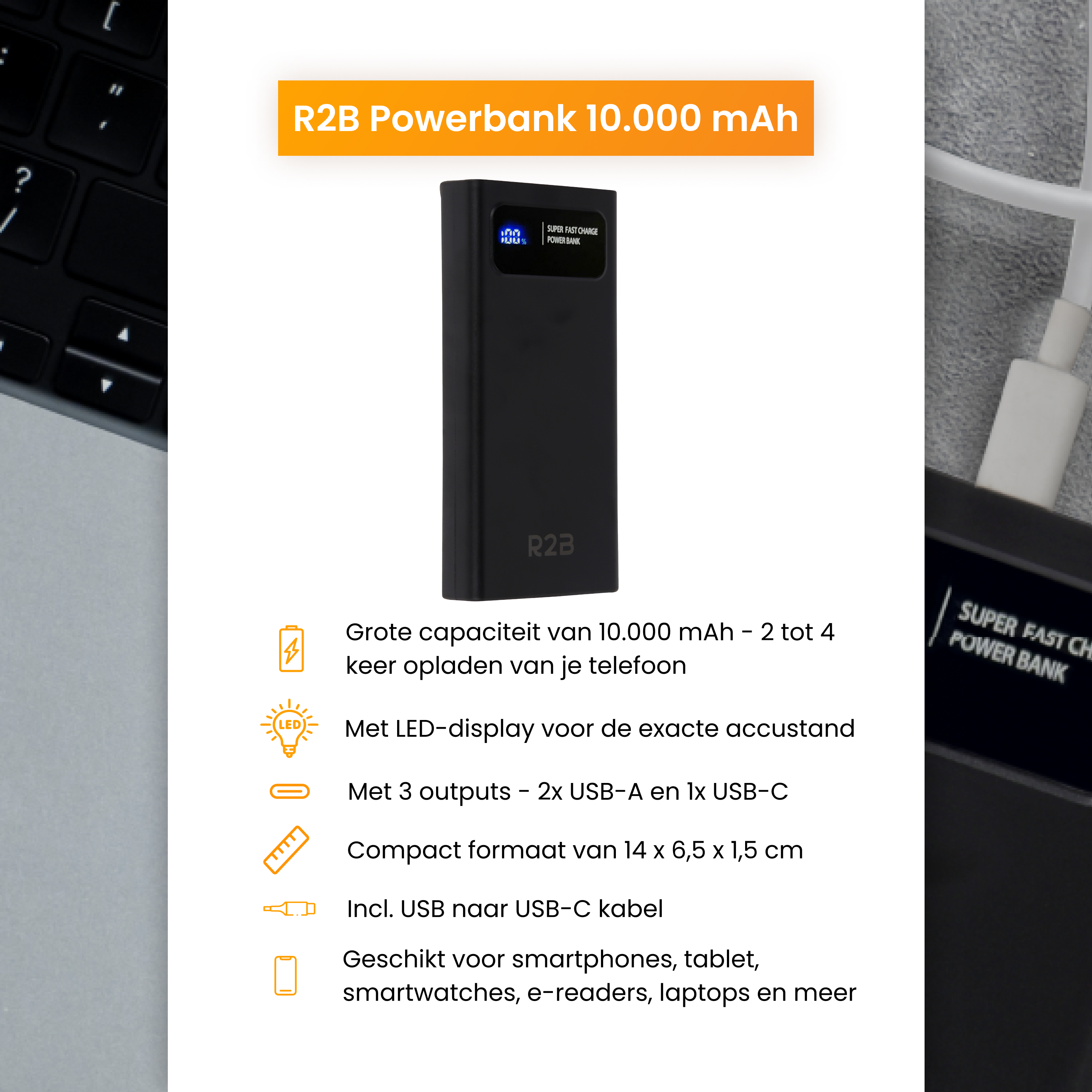 Een zwarte powerbank met 10.000 mAh capaciteit, met LED-display en USB-C kabel.