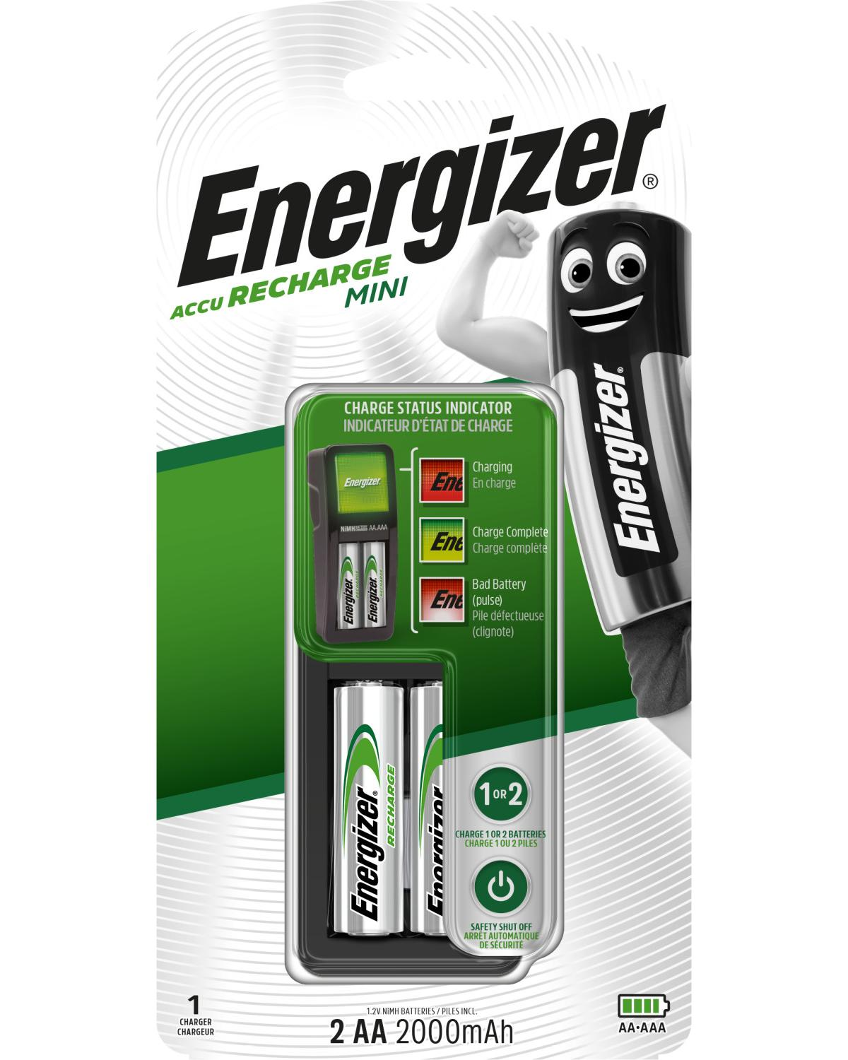 Confezione caricabatterie Energizer. Include caricatore, due batterie AA e un personaggio batteria dei cartoni animati.