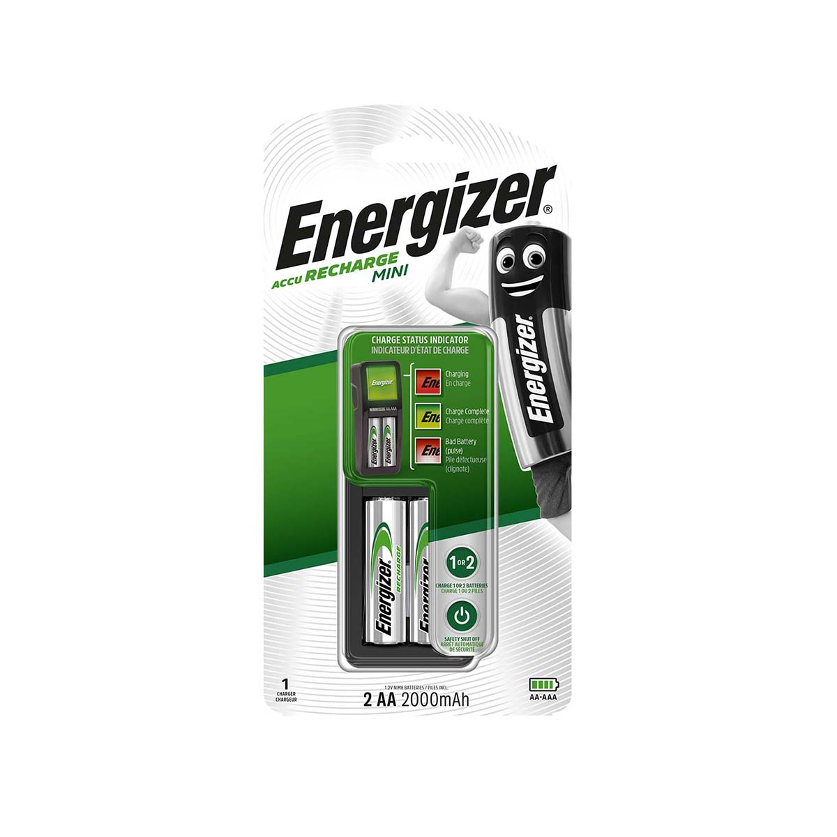 Confezione caricabatterie Energizer. Include caricatore, due batterie AA e un personaggio batteria dei cartoni animati.