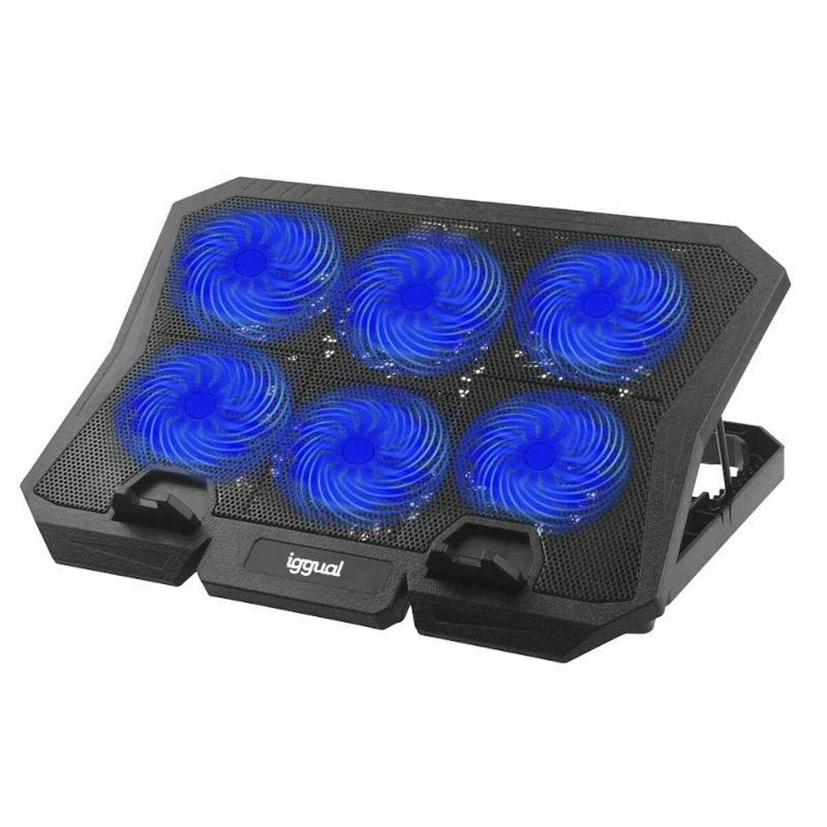 Laptopkoeler met zes blauw verlichte ventilatoren.