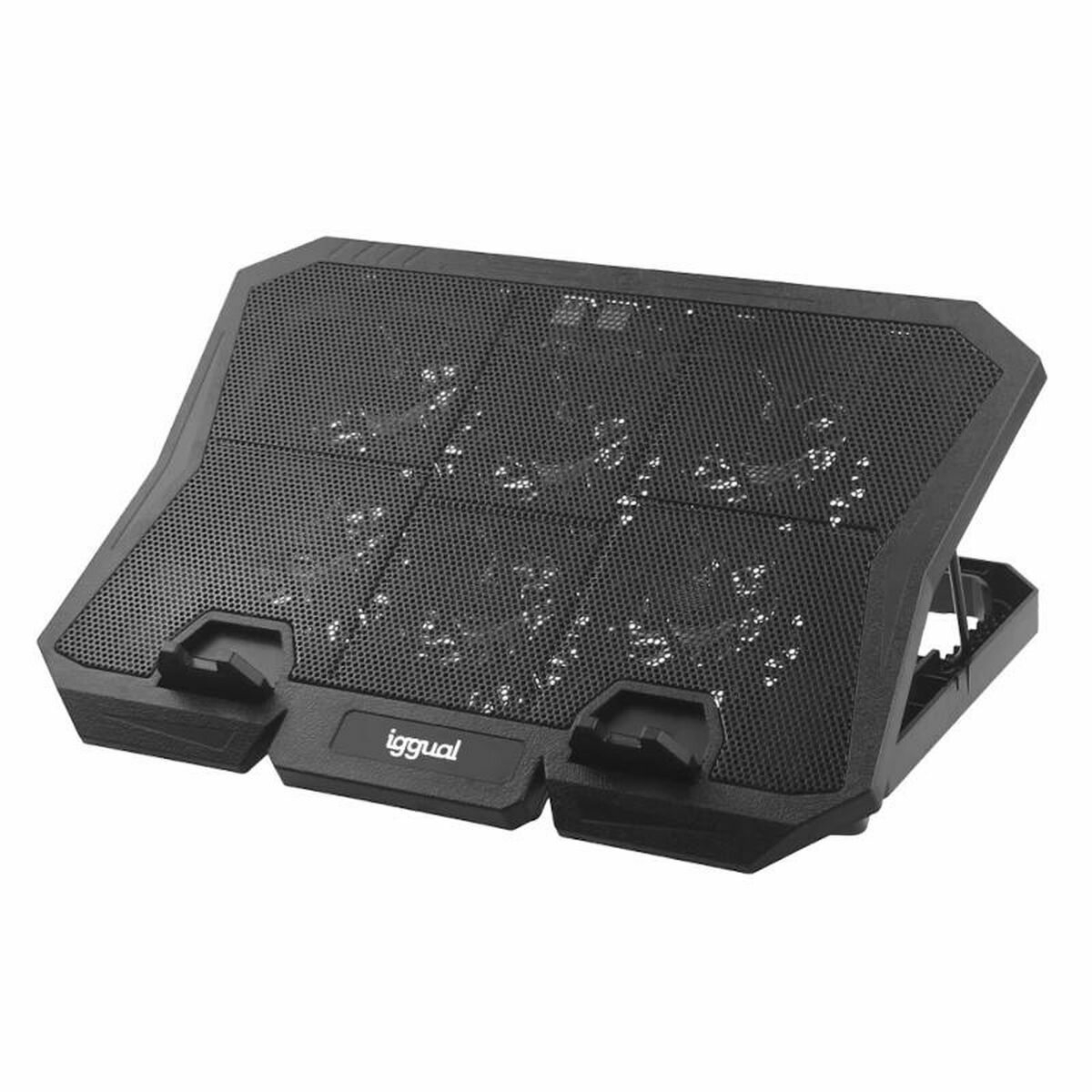 Zwarte laptop koelstandaard met gaas en ventilatoren.