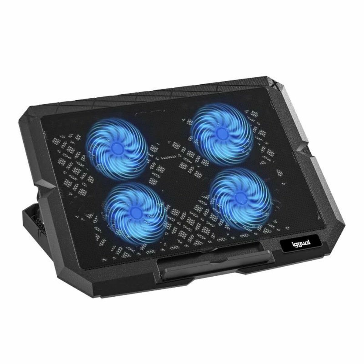 Chłodziarka do laptopa z czterema niebiesko podświetlanymi wentylatorami.