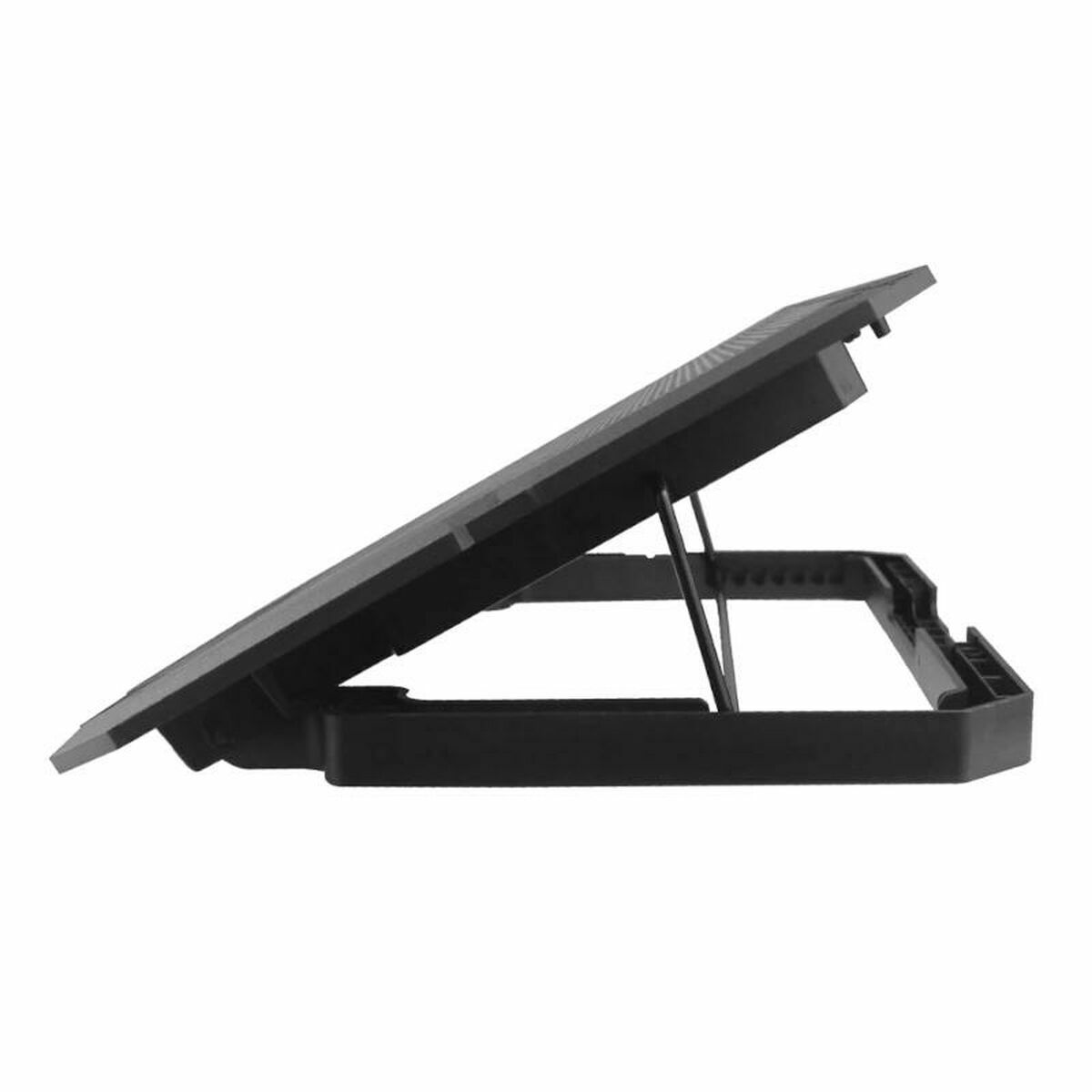 Czarny stojak na laptopa. Widok z boku pokazujący regulowaną konstrukcję stojaka.