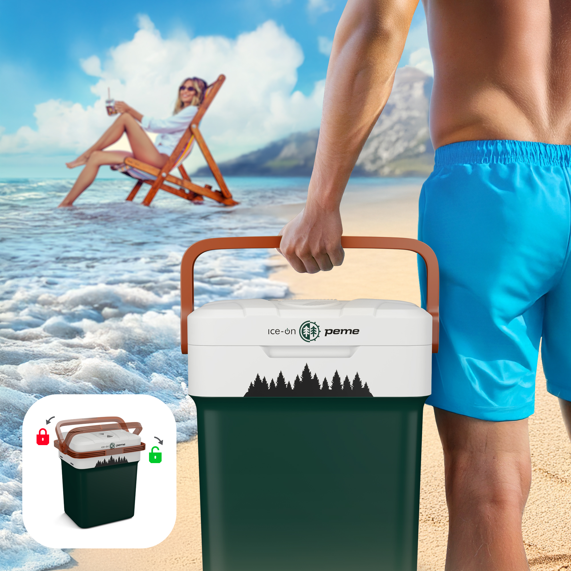 Eine Person hält eine Kühlbox am Strand. Im Hintergrund sitzt eine Frau auf einem Stuhl.