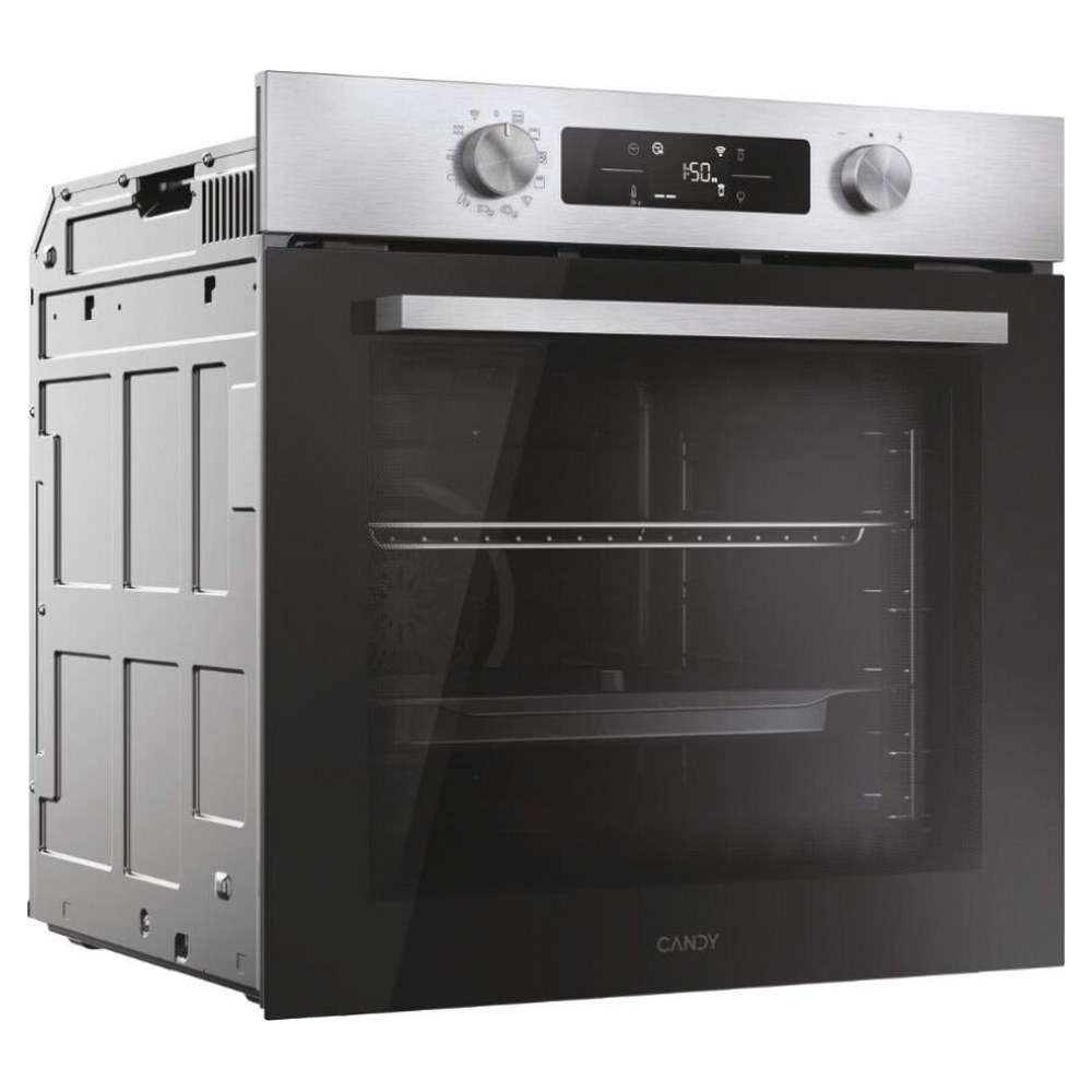 Forno in acciaio inox con porta in vetro nero. Logo del marchio Candy.