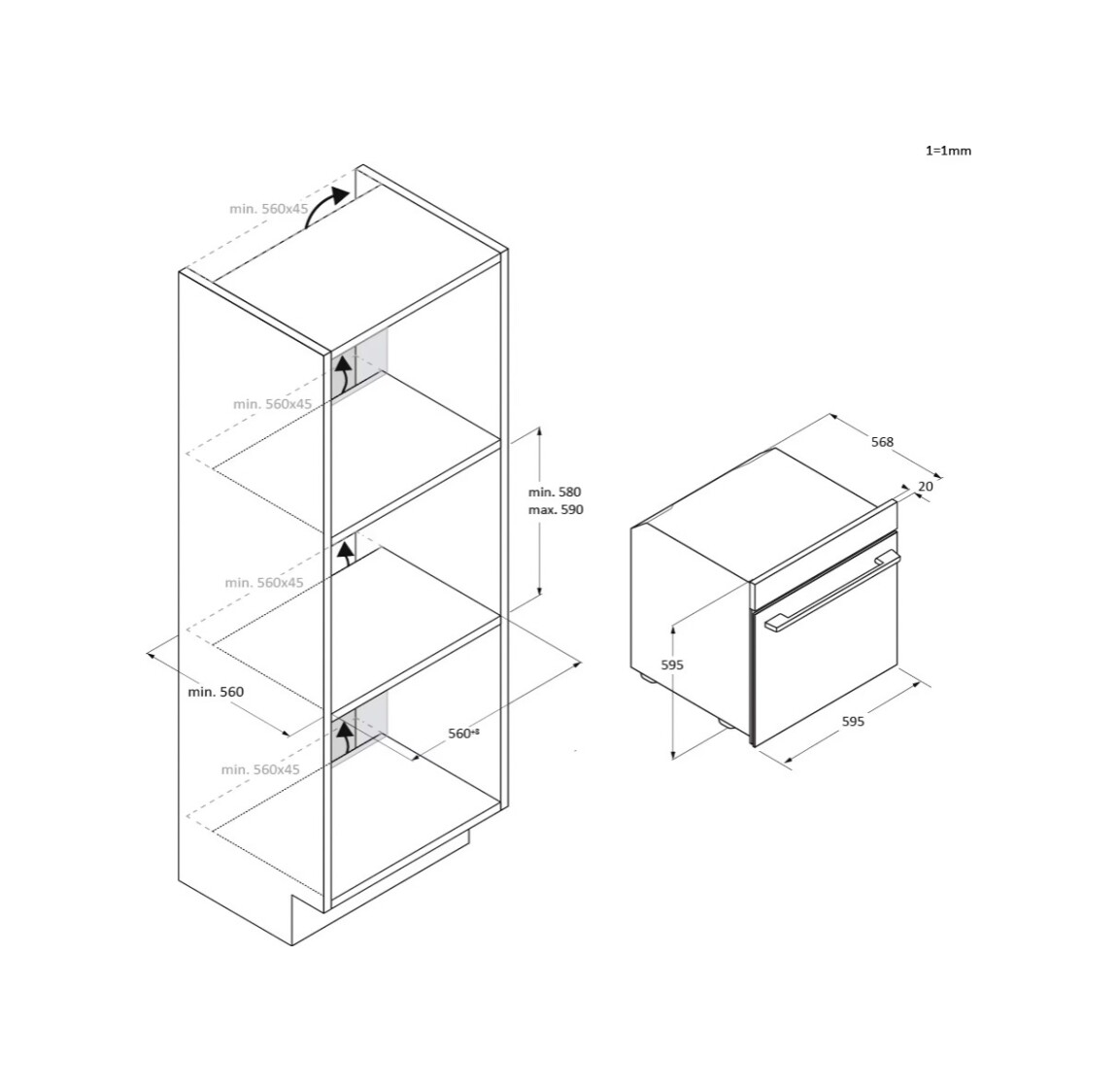 Diagramma di forno e mobile con dimensioni.