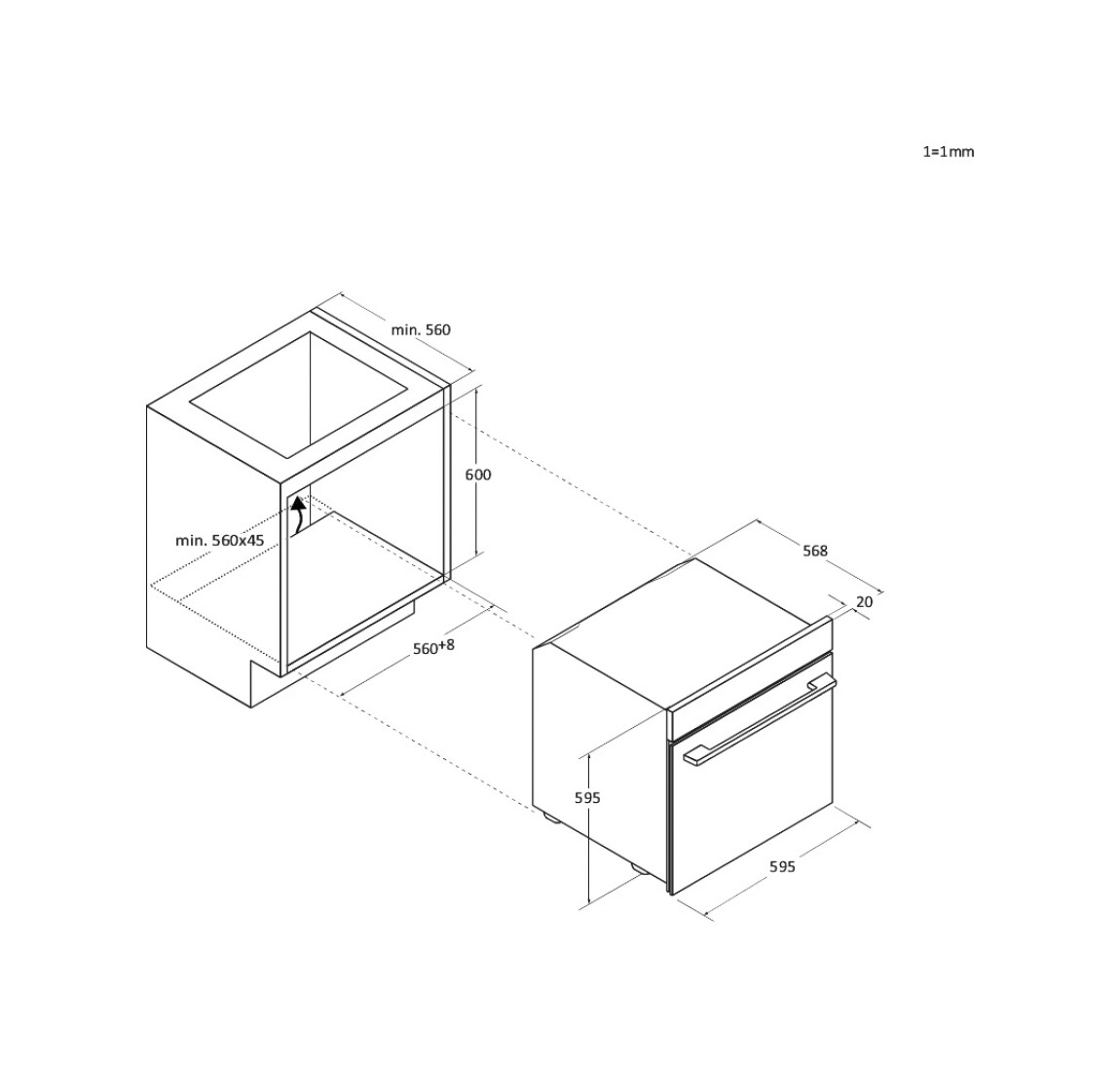 Diagramma di forno e mobile. Sono mostrate le dimensioni.