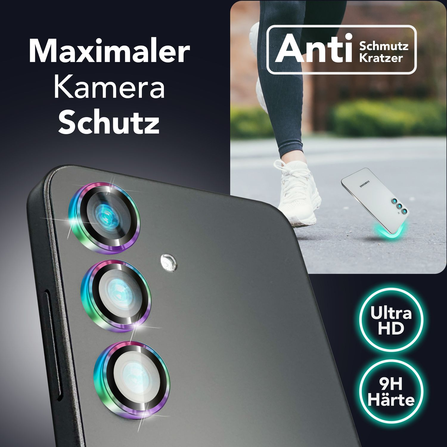 Eine Werbung mit einem Telefon und Kameralinsen, die Funktionen wie Ultra HD und 9H Härte hervorheben.