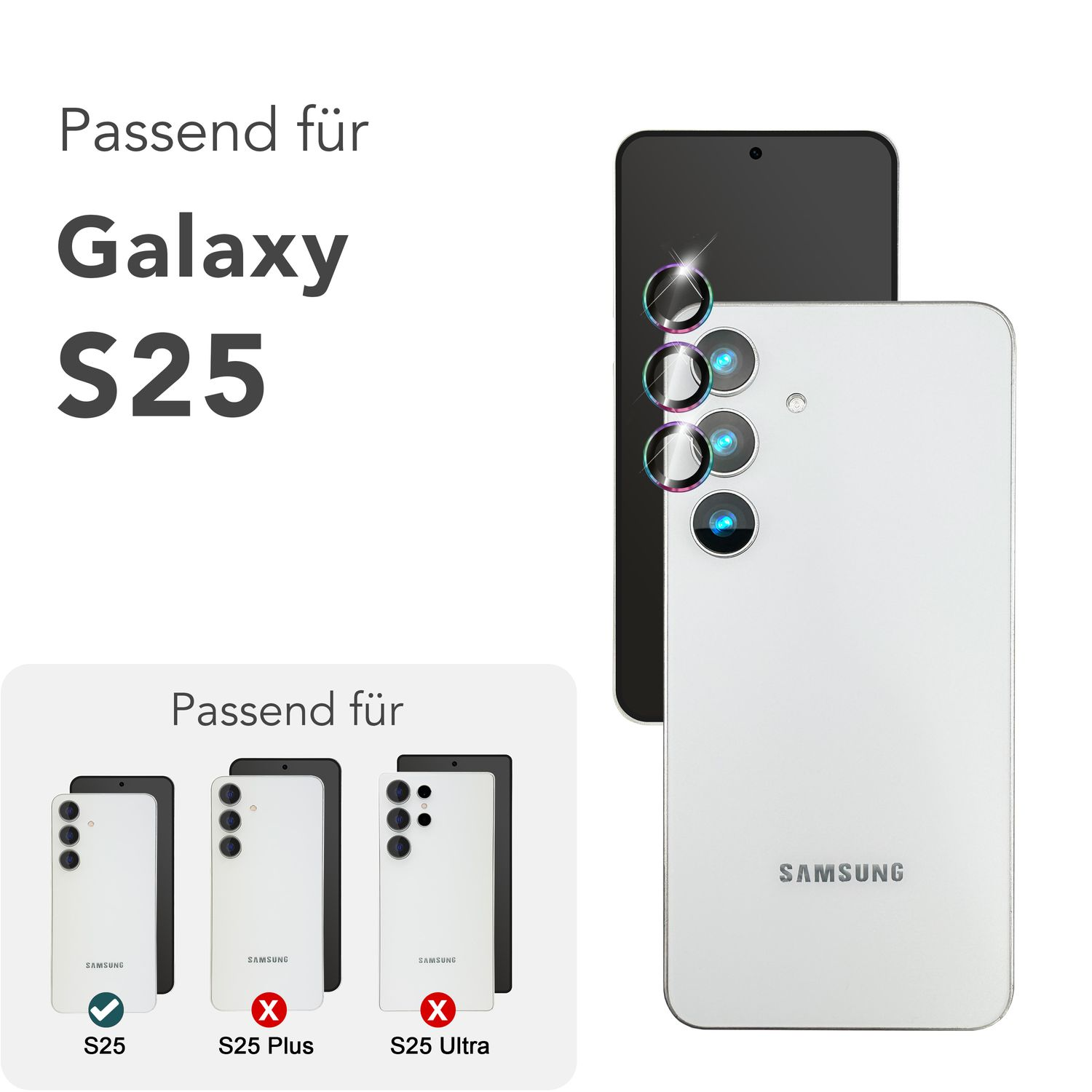 Bild zeigt die Rückseite eines Telefons mit Objektiven. Es ist ein Telefon für Galaxy S25 und Varianten.