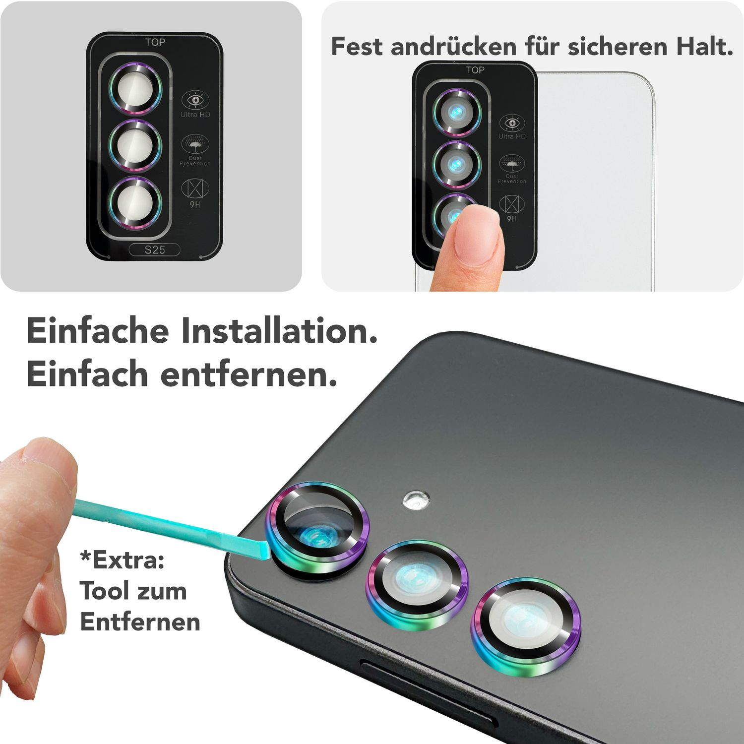 Bild zeigt Telefon mit installierten Linsenschutz, eine Hand mit Werkzeug und Text.