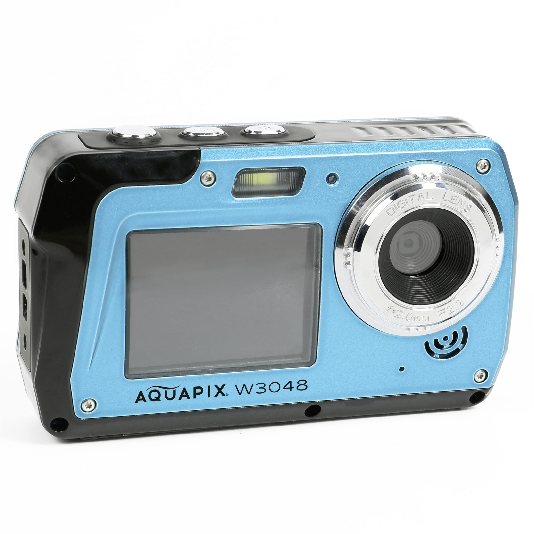 Eine blaue wasserdichte Kamera, die das Objektiv und den Bildschirm zeigt. AQUAPIX W3048.