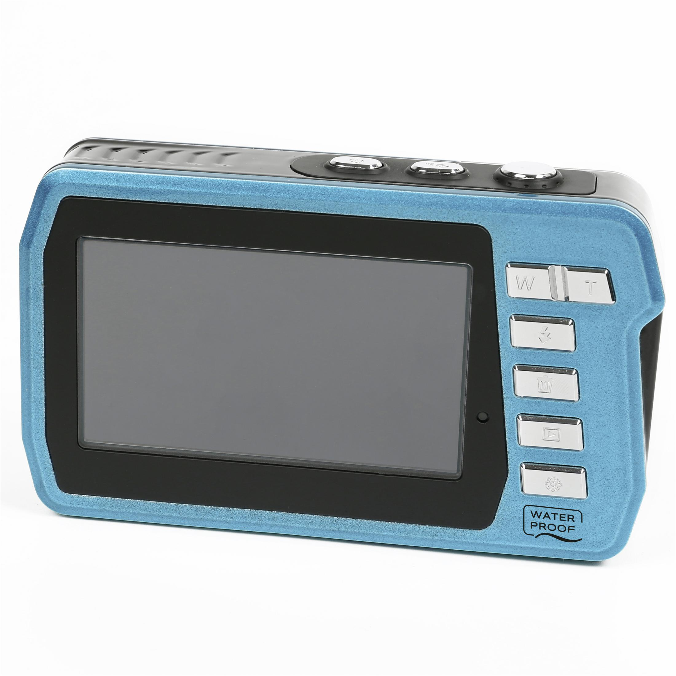 Eine blaue Kamera, die die Rückseite mit Knöpfen zeigt. AQUAPIX W3048.