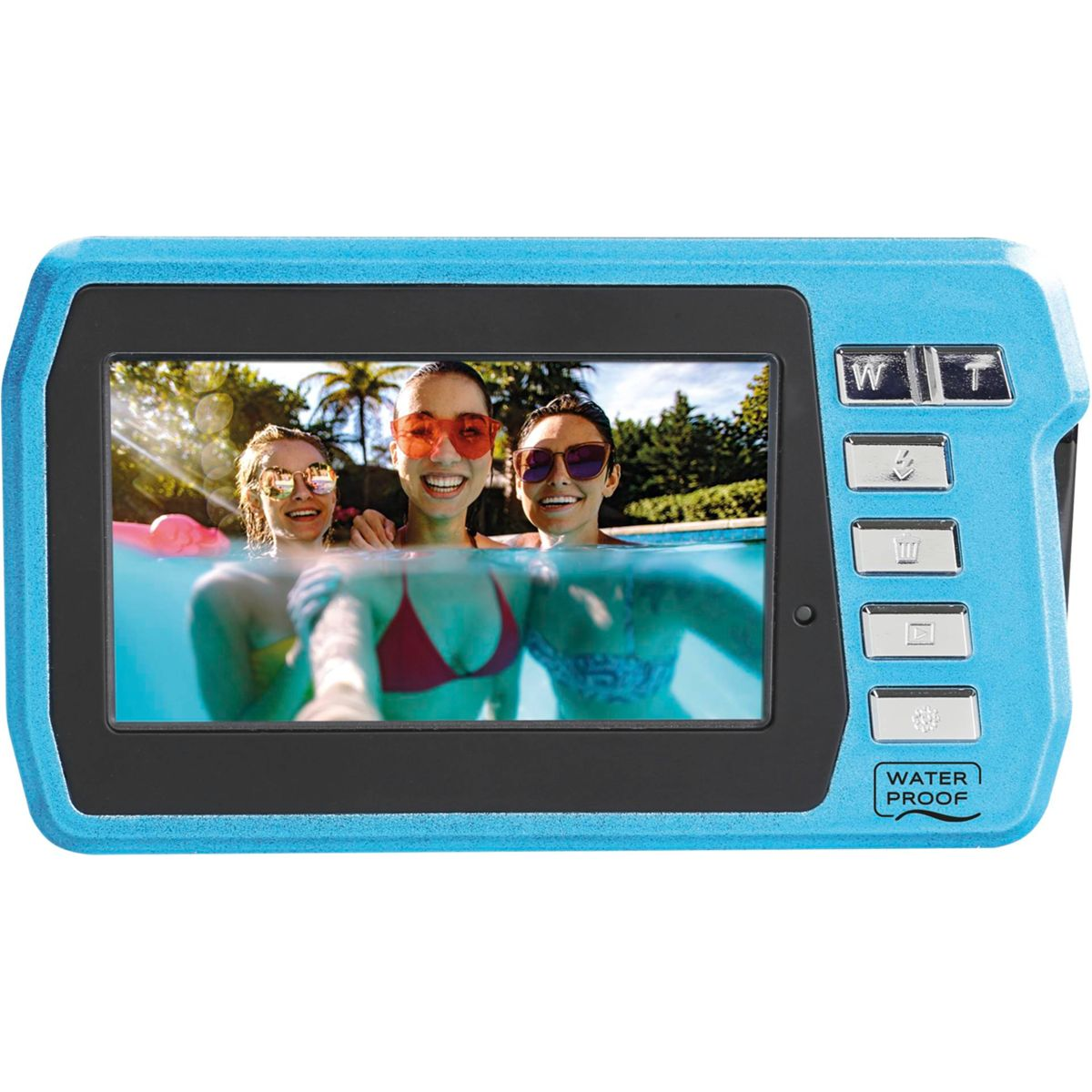 Eine blaue Kamera, zeigt drei Personen mit Sonnenbrillen im Wasser. AQUAPIX W3048.