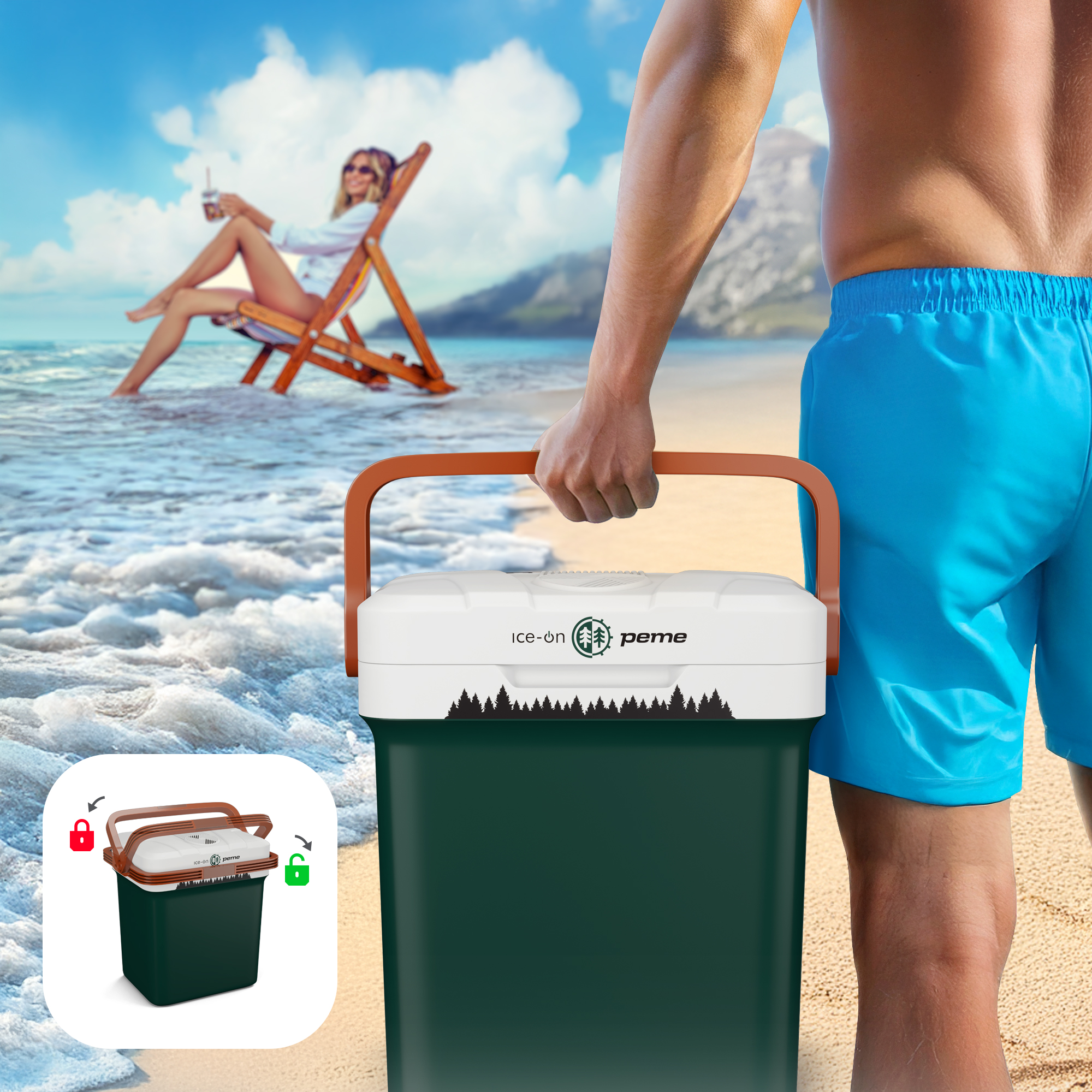 Ein Mann hält eine grüne und weiße Kühlbox am Strand. Eine Frau sitzt im Stuhl. Ice-on peme Logo.